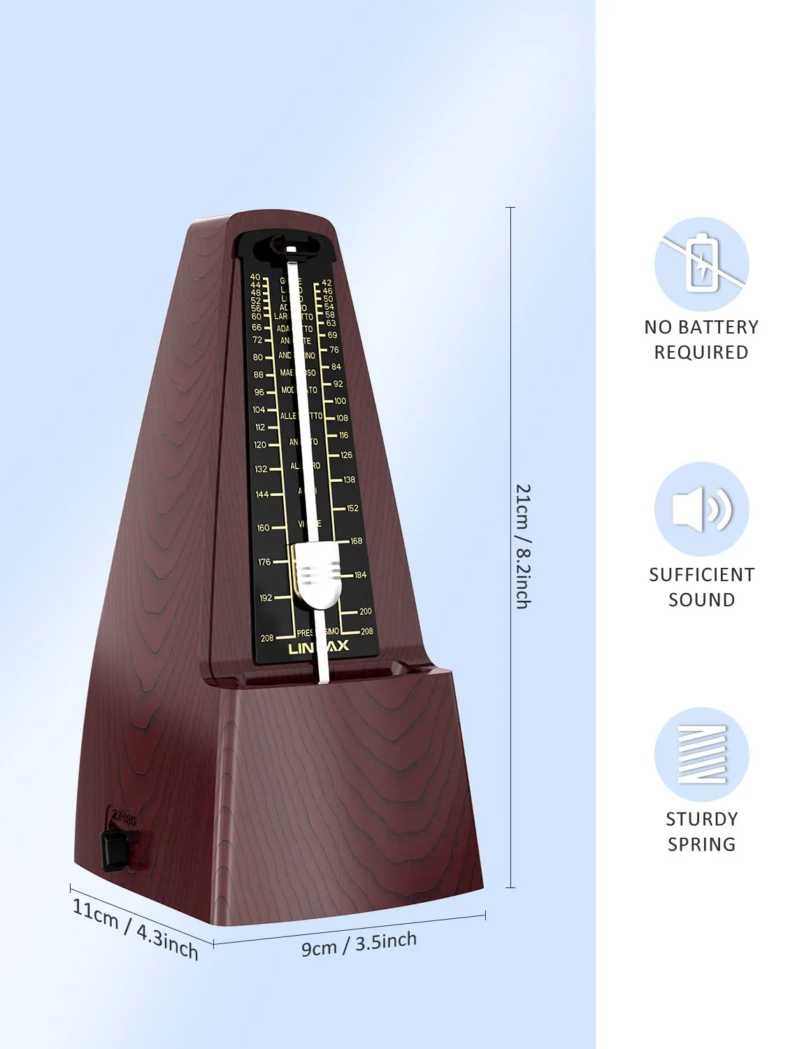 M2 Mechanical Metronome for Piano Guitar Bass Ukulele Drum Violin Cello Saxophone Trumpet and Other Musical Instruments, Track Tempo and Beat, Loud Sound, High Precision, Wood Grain M2 - Image 3