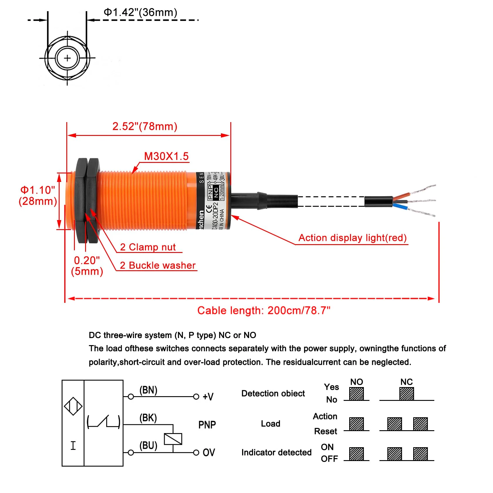 M30 Capacitive Proximity Sensor Switch, SZC-M30-20AC, Detecting Distance 1-20mm, 20-250VAC 400mA, Normally Closed (NC), 2 Wire - Image 2