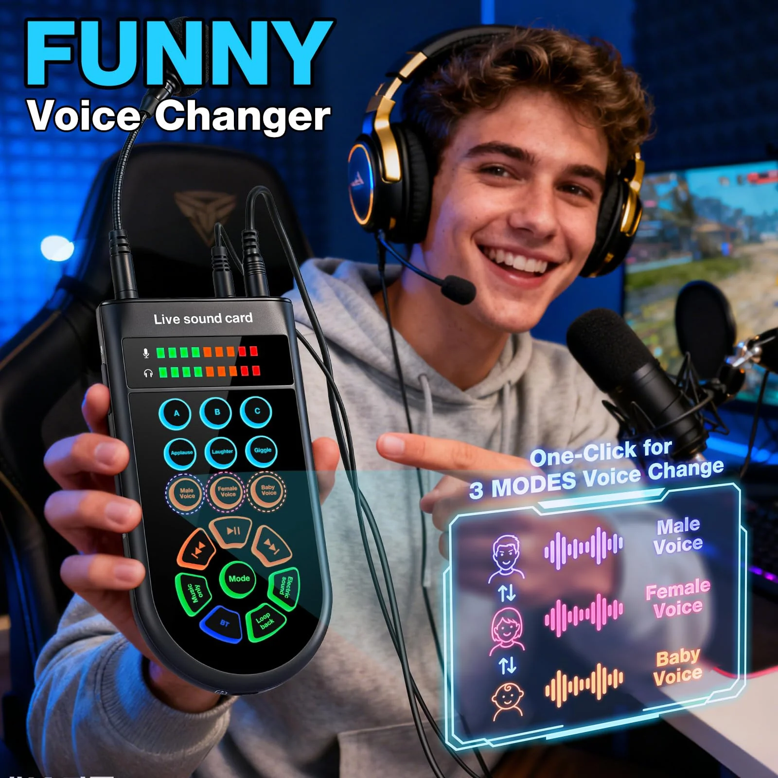 M300 Small Handheld Sound Card Set for Singing & Live Streaming, Voice Changer with Reverb/Vocal Enhancement/Vocal Changer/Sound Effects, w/AUX/Type-C/Bluetooth in, Includes Condenser Mic & Headphones - Image 3