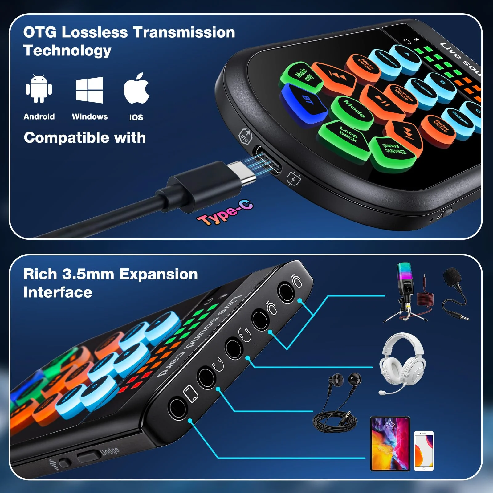 M300 Small Handheld Sound Card Set for Singing & Live Streaming, Voice Changer with Reverb/Vocal Enhancement/Vocal Changer/Sound Effects, w/AUX/Type-C/Bluetooth in, Includes Condenser Mic & Headphones - Image 5