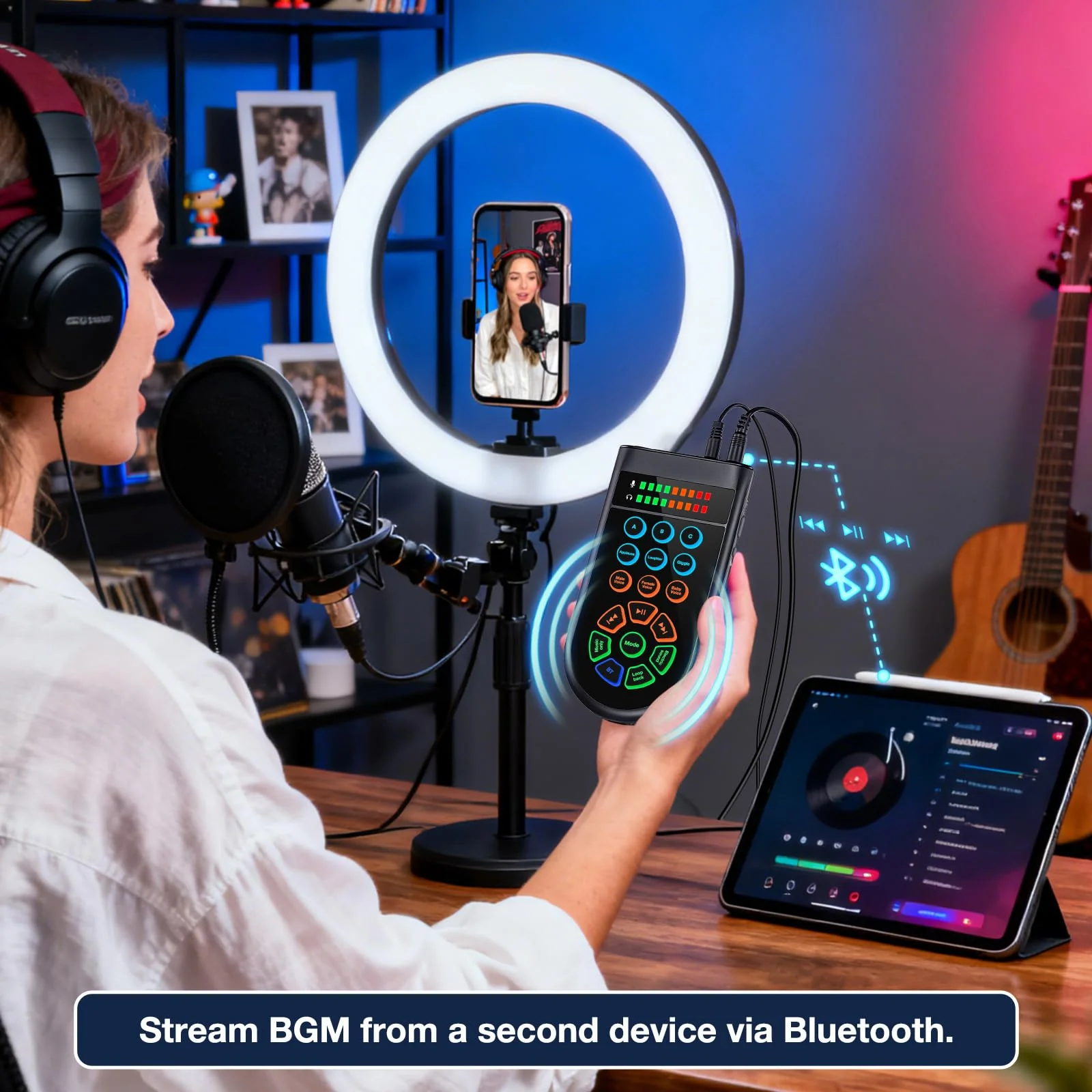 M300 Small Handheld Sound Card Set for Singing & Live Streaming, Voice Changer with Reverb/Vocal Enhancement/Vocal Changer/Sound Effects, w/AUX/Type-C/Bluetooth in, Includes Condenser Mic & Headphones - Image 7