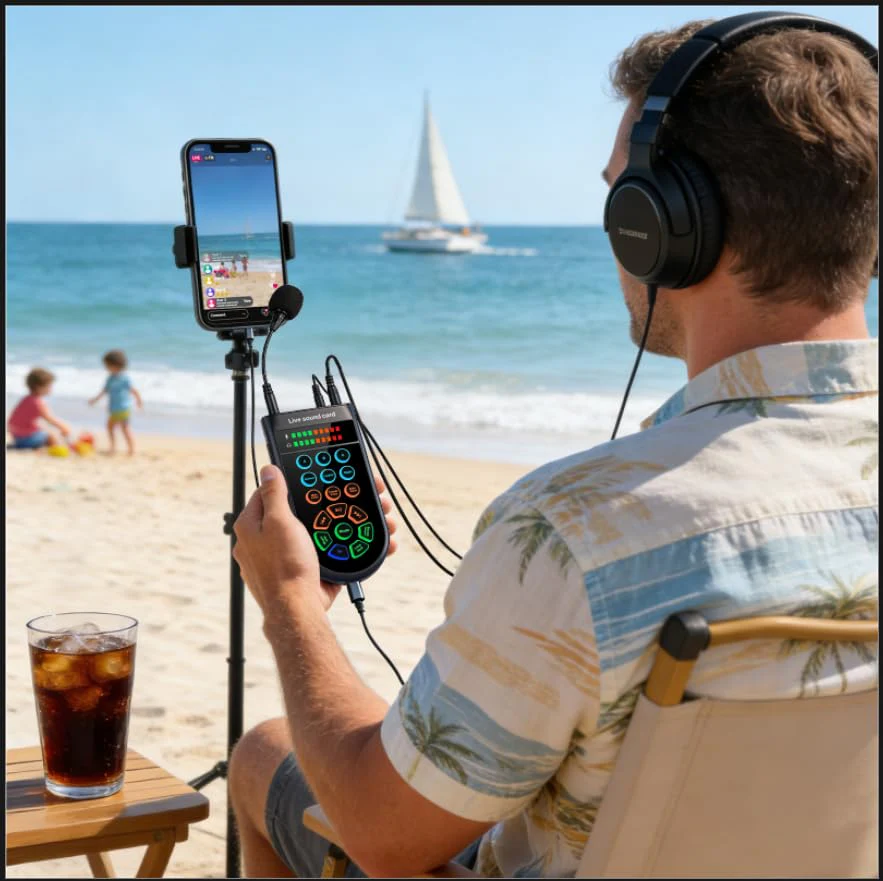 M300 Small Handheld Sound Card Set for Singing & Live Streaming, Voice Changer with Reverb/Vocal Enhancement/Vocal Changer/Sound Effects, w/AUX/Type-C/Bluetooth in, Includes Condenser Mic & Headphones - Image 8