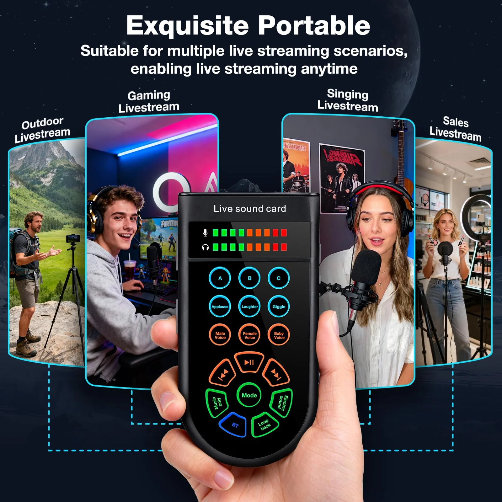 M300 Small Handheld Sound Card Set for Singing & Live Streaming, Voice Changer with Reverb/Vocal Enhancement/Vocal Changer/Sound Effects, w/AUX/Type-C/Bluetooth in, Includes Condenser Mic & Headphones - Image 9