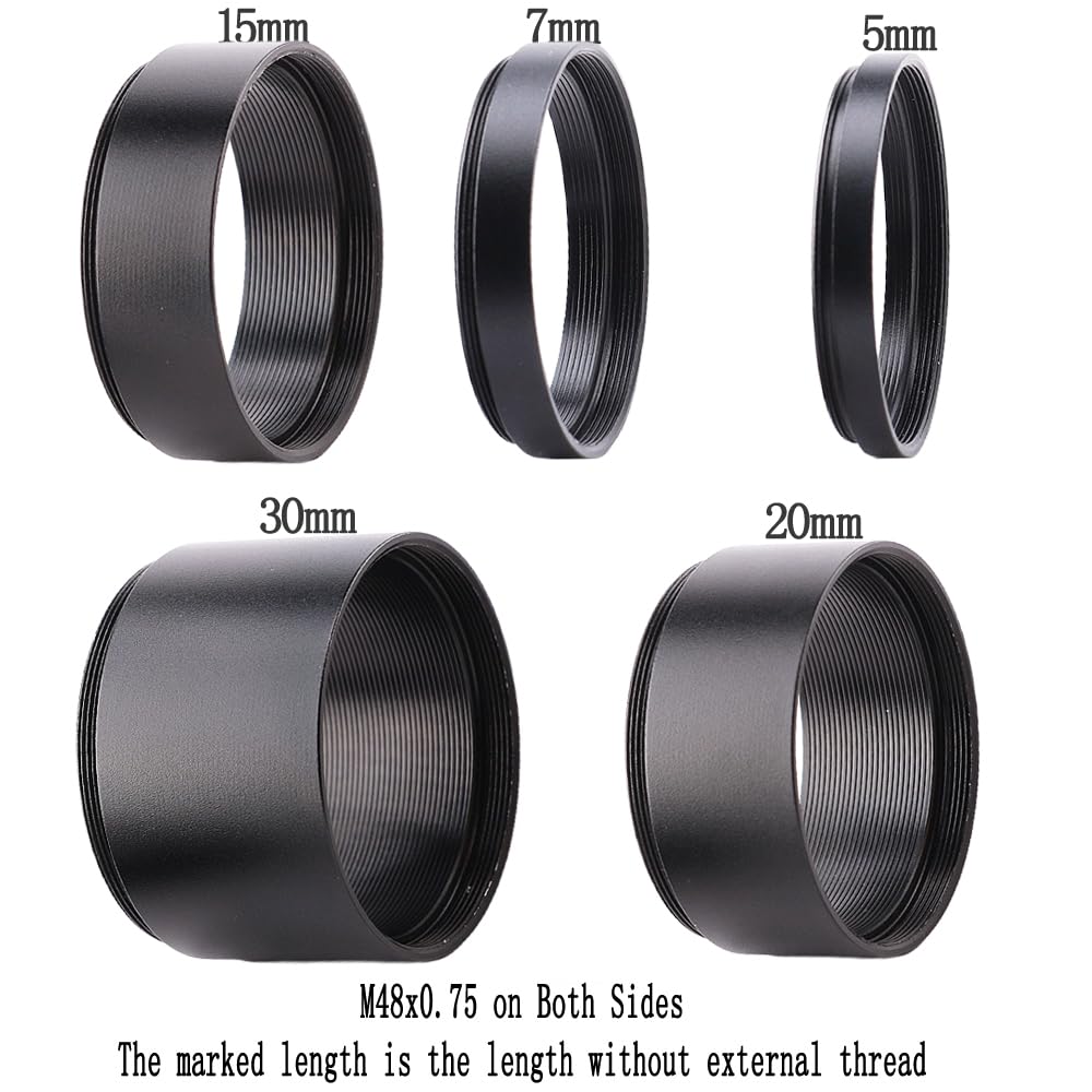 M48 2-Inch Extension Tube Kit — 5/7/15/20/30mm Rings — M48×0.75 Male & Female Threads — for DSLR/SLR Backfocus, Flatteners & Eyepieces — 5-Ring Set - Image 2