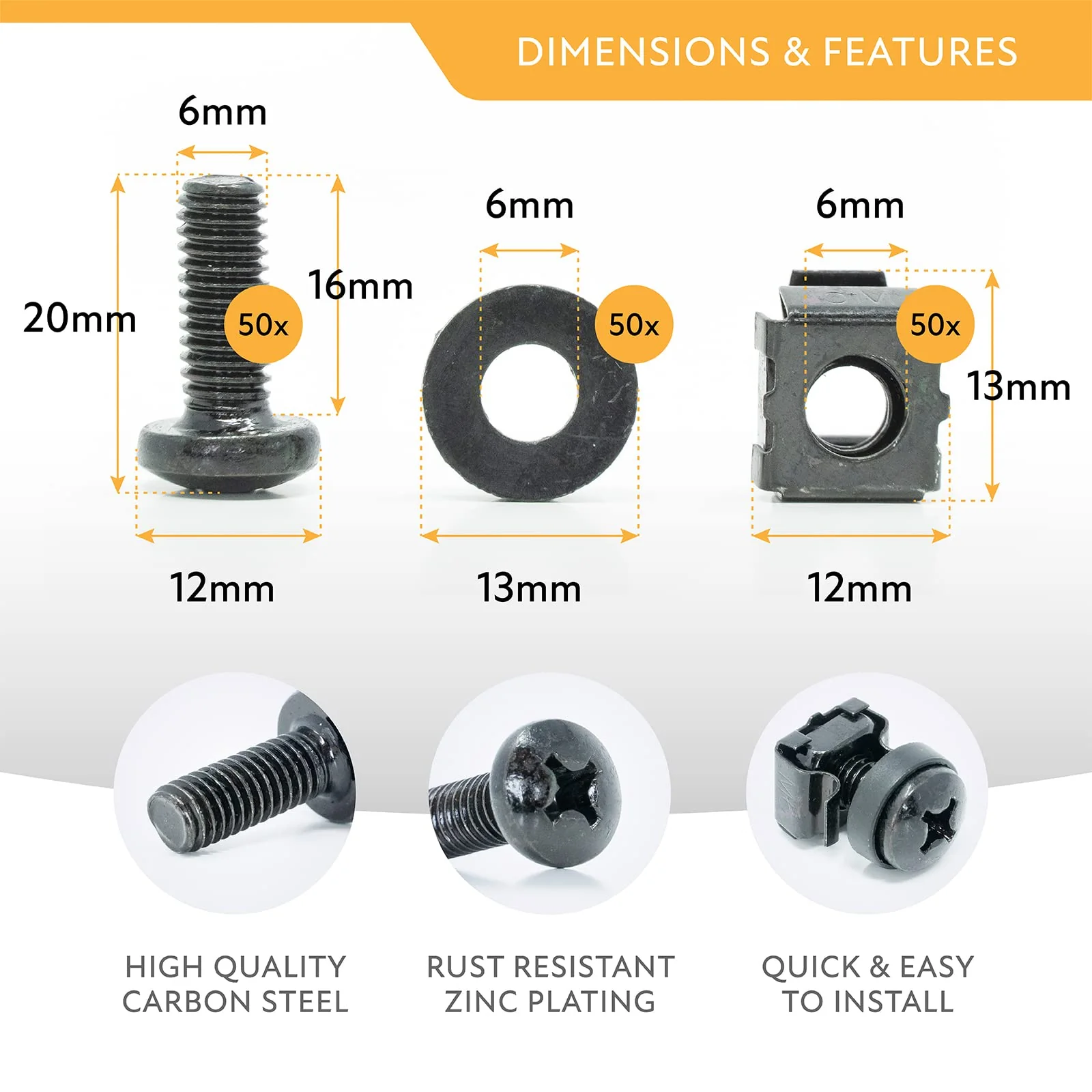 M6 Rack Screws, Cage Nuts and Nylon Washers (6mm x 16mm Screws, 50 Sets, Black) Rack Mount Screws for Server Console Mounting, Routers, Enclosures, Cabinets. Carbon Steel with Rust Resistant Zinc - Image 2