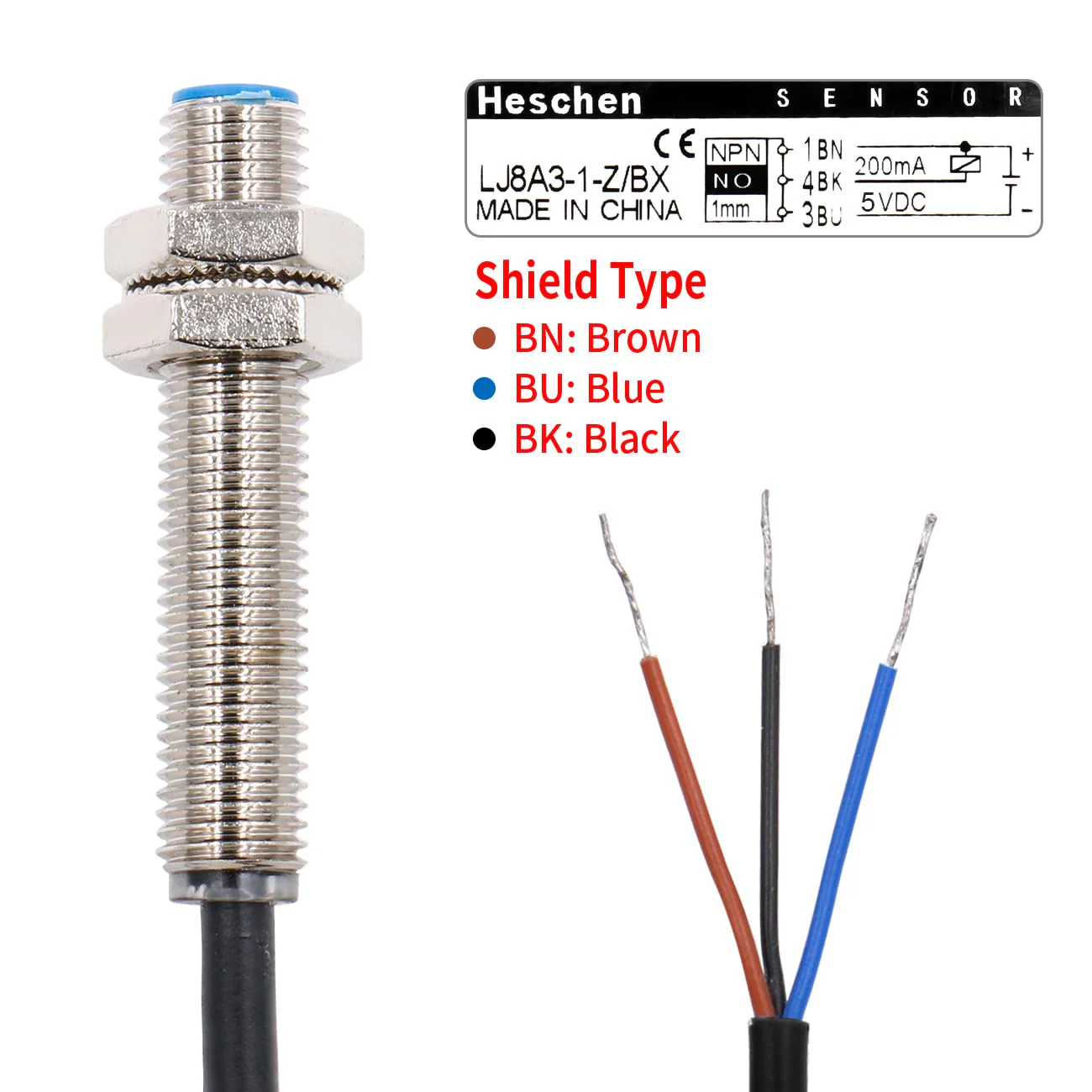 M8 Proximity Sensor Switch, 5VDC 200mA, NPN NO, 1mm Detecting Distance, Magnetic Metal Detect, 8mm Mounting Hole, 120cm Cable, IP67 Protection, LJ8A3-1-Z/BX-DC5V - Image 4