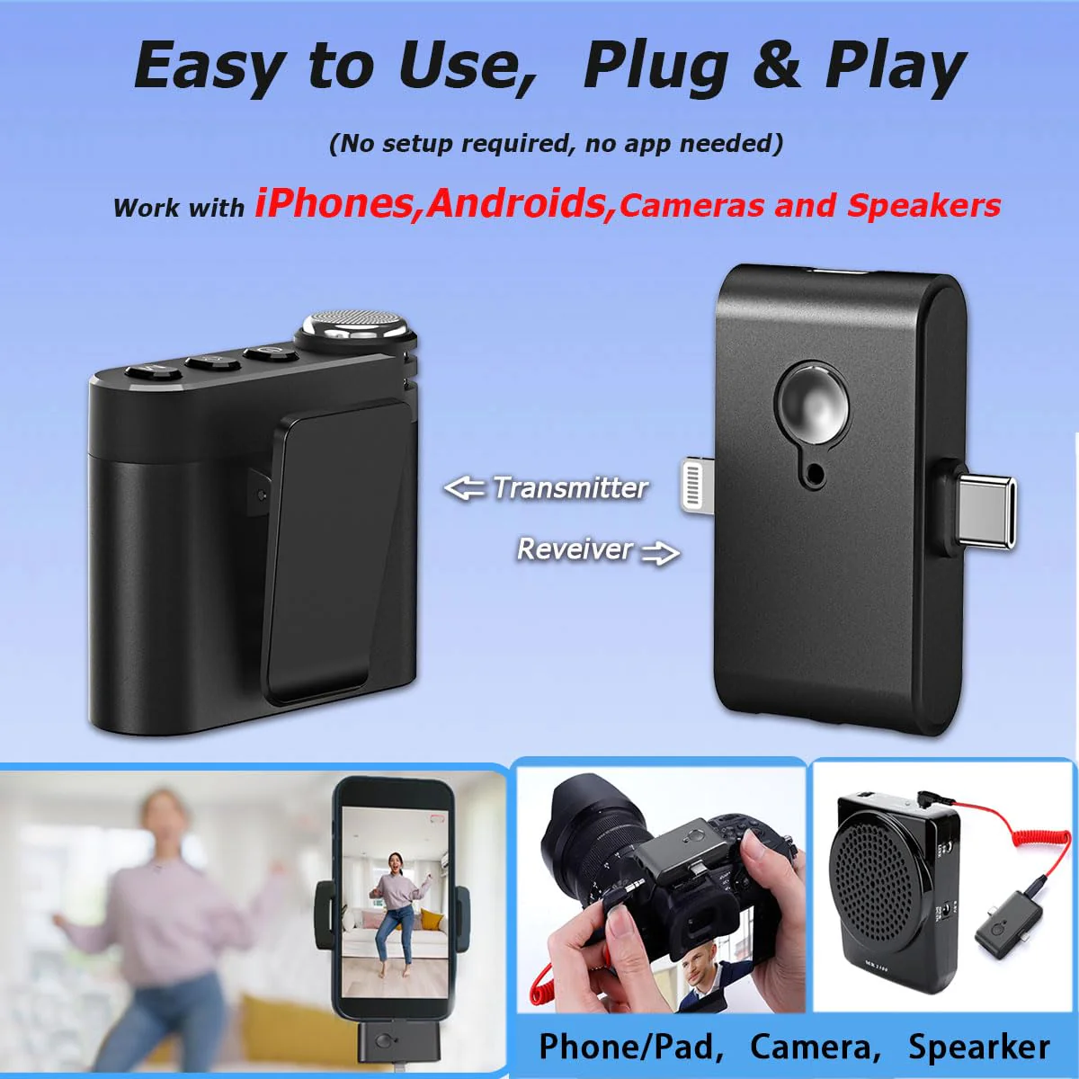 M9 Wireless Lavalier Microphone for iPhone(14/15/16)/Android Cellphone, Portable Mini Lapel Mic, 328ft Transmission, Phone Microphones for Record,Podcast, Vlogs, YouTube, Tiktok (Black ( 2TX+1RX)) Black ( 2TX+1RX) - Image 2