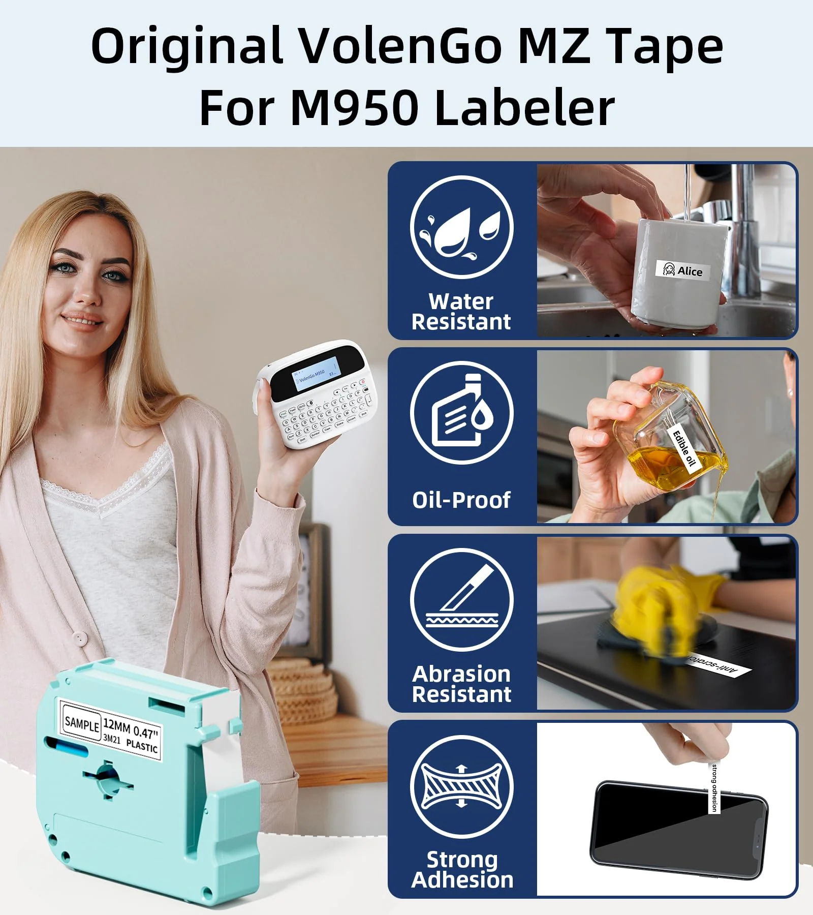 M950 Label Maker, Label Maker Machine with-Tape 12mm White, Portable Bluetooth Labeler with Backlit-LCD, Handheld Rechargeable Label Makers, Inkless Labeling Maker for School Office Organization - Image 3