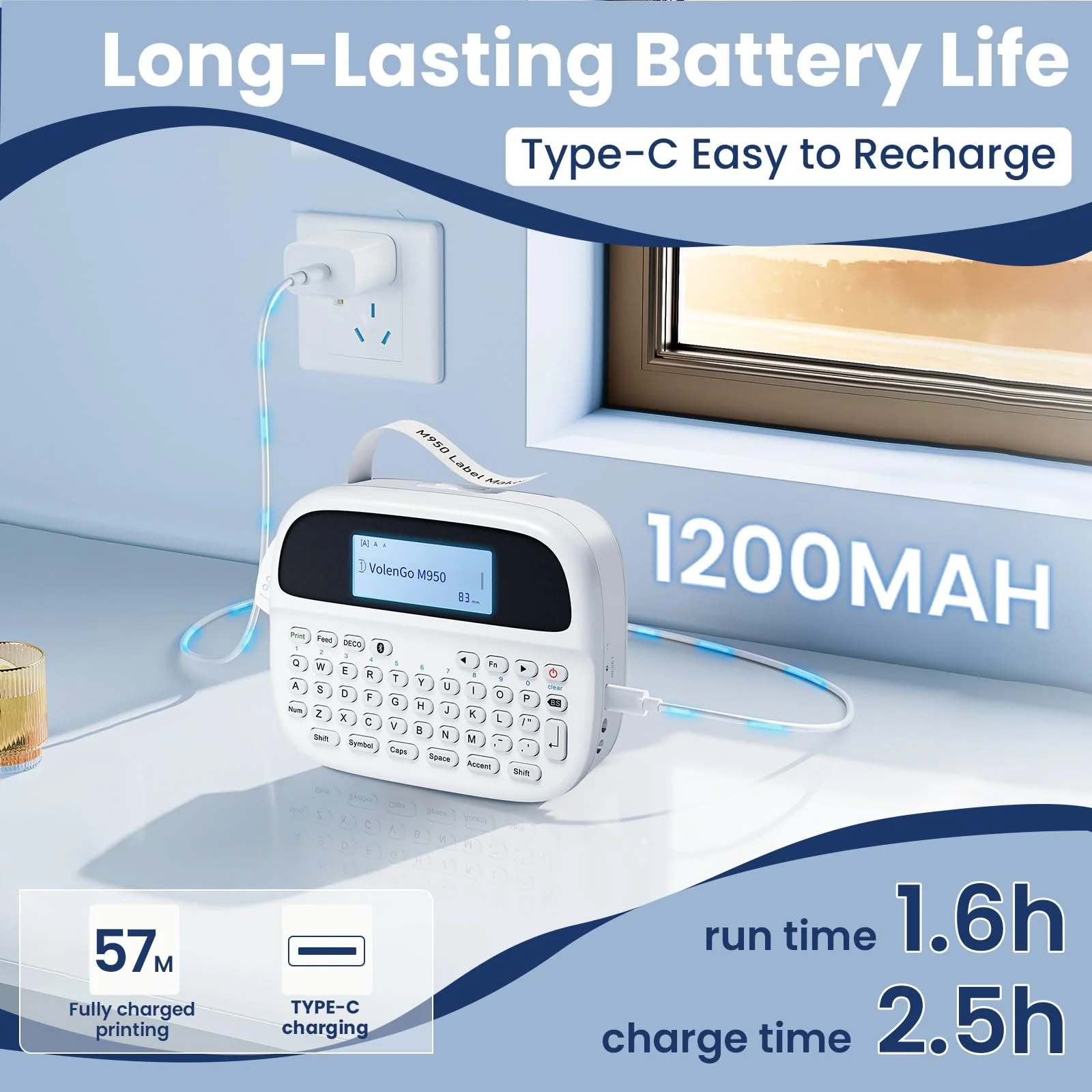 M950 Label Maker, Label Maker Machine with-Tape 12mm White, Portable Bluetooth Labeler with Backlit-LCD, Handheld Rechargeable Label Makers, Inkless Labeling Maker for School Office Organization - Image 4