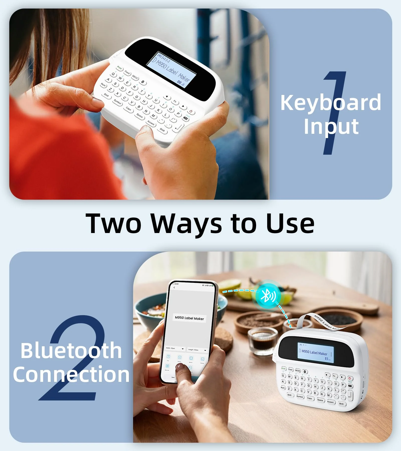 M950 Label Maker, Label Maker Machine with-Tape 12mm White, Portable Bluetooth Labeler with Backlit-LCD, Handheld Rechargeable Label Makers, Inkless Labeling Maker for School Office Organization - Image 5