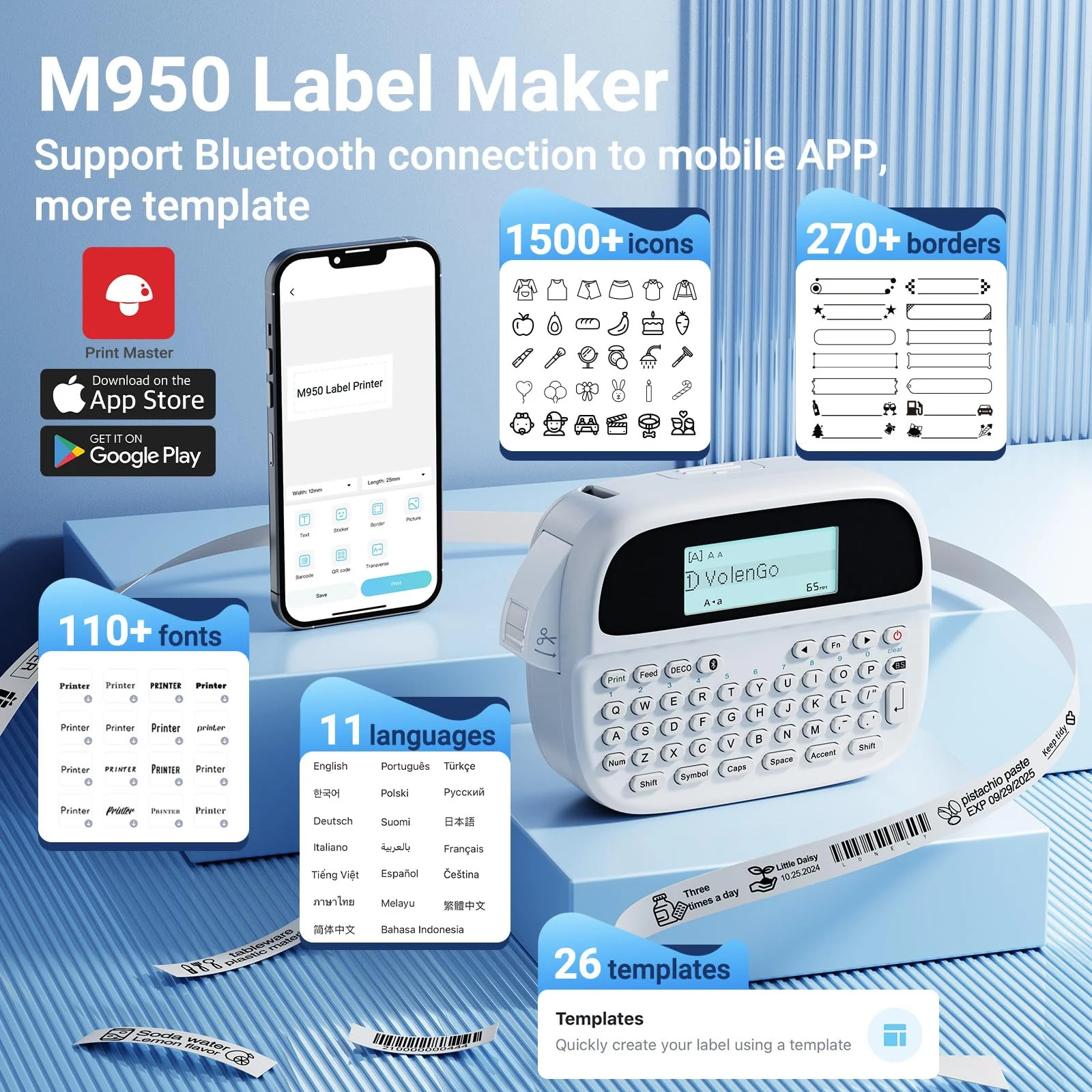 M950 Label Maker, Label Maker Machine with-Tape 12mm White, Portable Bluetooth Labeler with Backlit-LCD, Handheld Rechargeable Label Makers, Inkless Labeling Maker for School Office Organization - Image 6