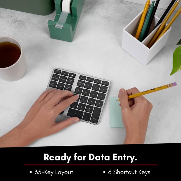 Macally Bluetooth Number Pad for Laptop - Slim Aluminum Design - Rechargeable Wireless Numeric Keypad - 35 Key Numpad Keyboard for Data Entry - for Mac, MacBook Pro/Air, iPad, iPhone, iOS, PC, Android Space Gray - Image 2