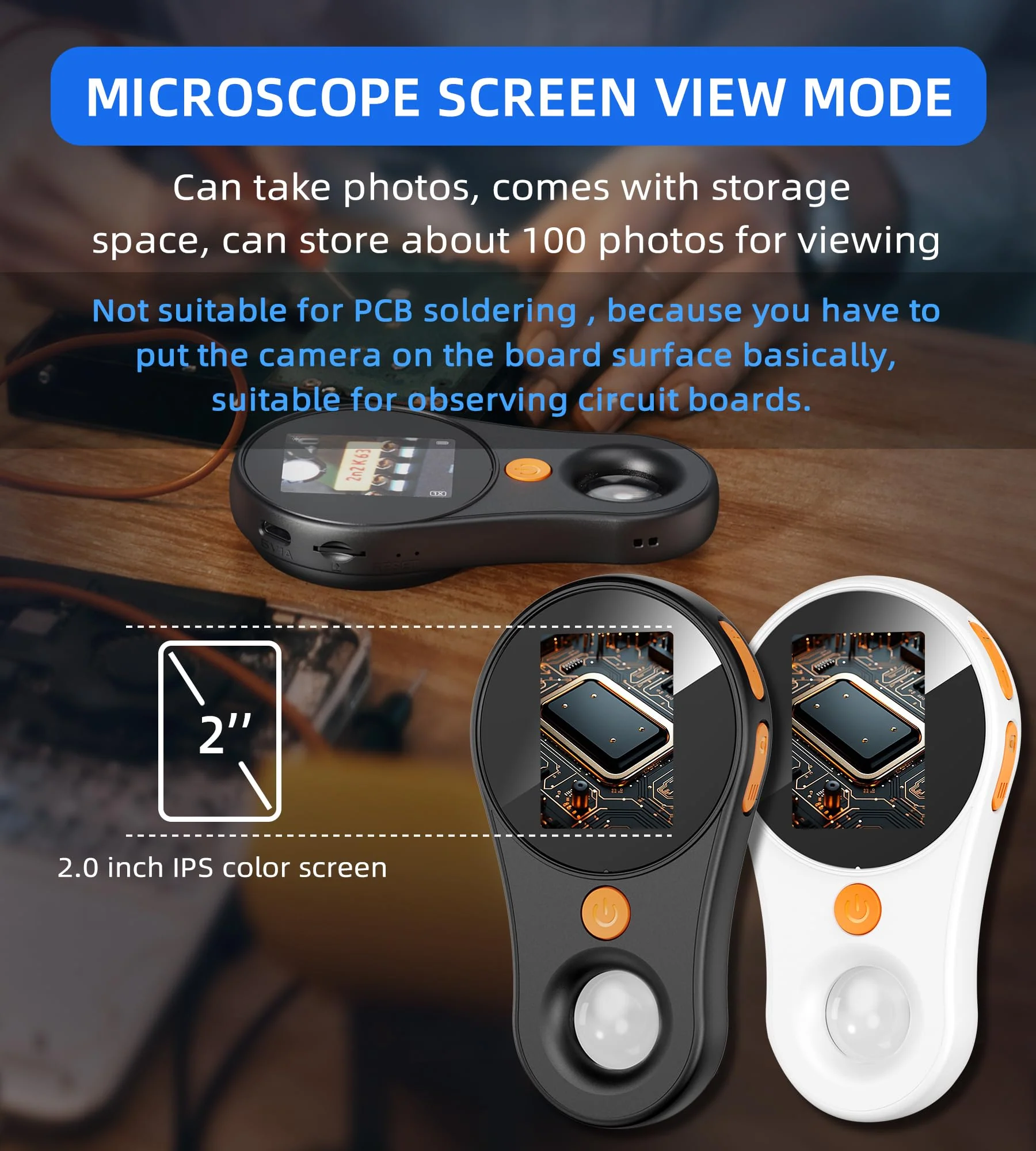 Macro Microscope Digital Fixed Focus 2.0 inch IPS Color Screen, 200w Pixel, 500x Magnification, Portable Handheld Magnifying Glass, Built-in 8LED Lights Compatible with Windows, Mac OS (Black) Black - Image 2