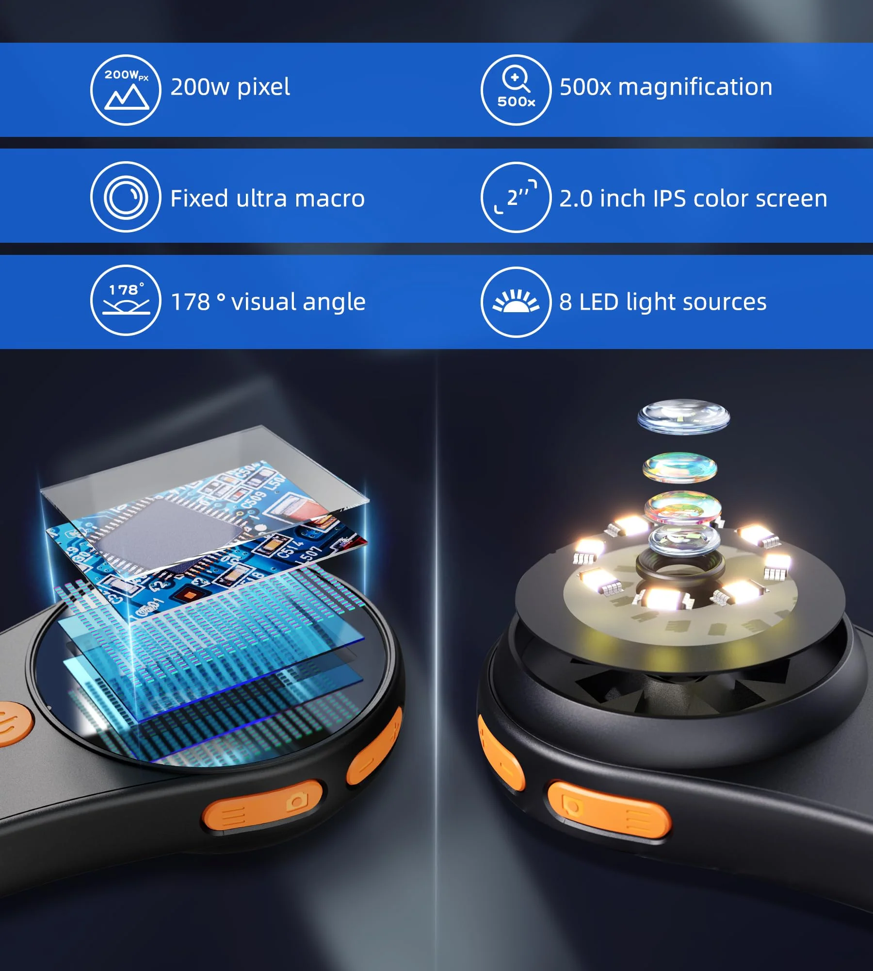 Macro Microscope Digital Fixed Focus 2.0 inch IPS Color Screen, 200w Pixel, 500x Magnification, Portable Handheld Magnifying Glass, Built-in 8LED Lights Compatible with Windows, Mac OS (Black) Black - Image 6