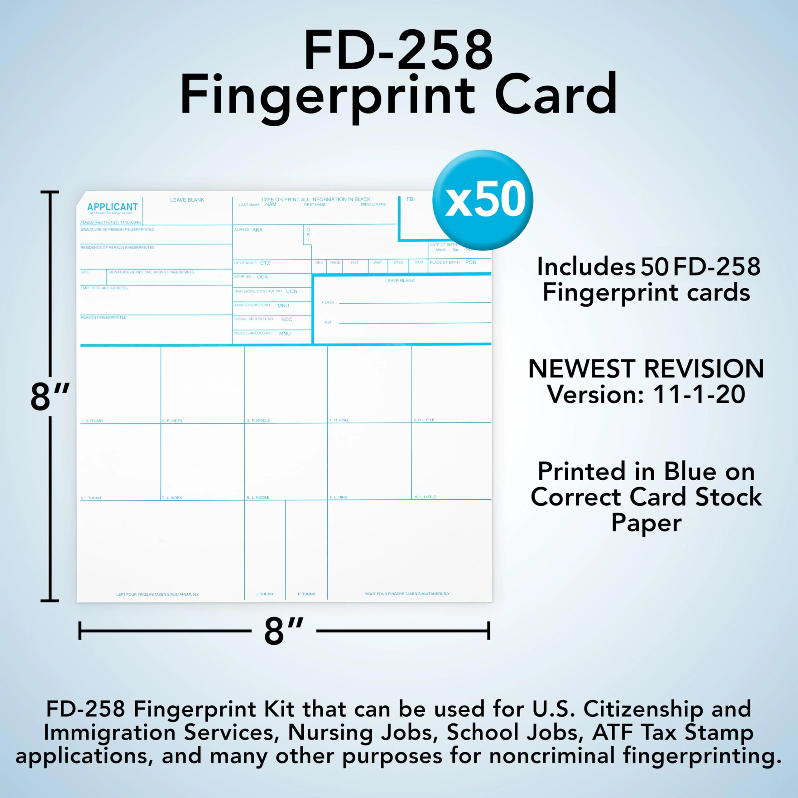 Made in The USA - FD-258 Fingerprint Cards, 50 Pack - 11-1-20 Newest Version FD258-NO-ORI - Image 5