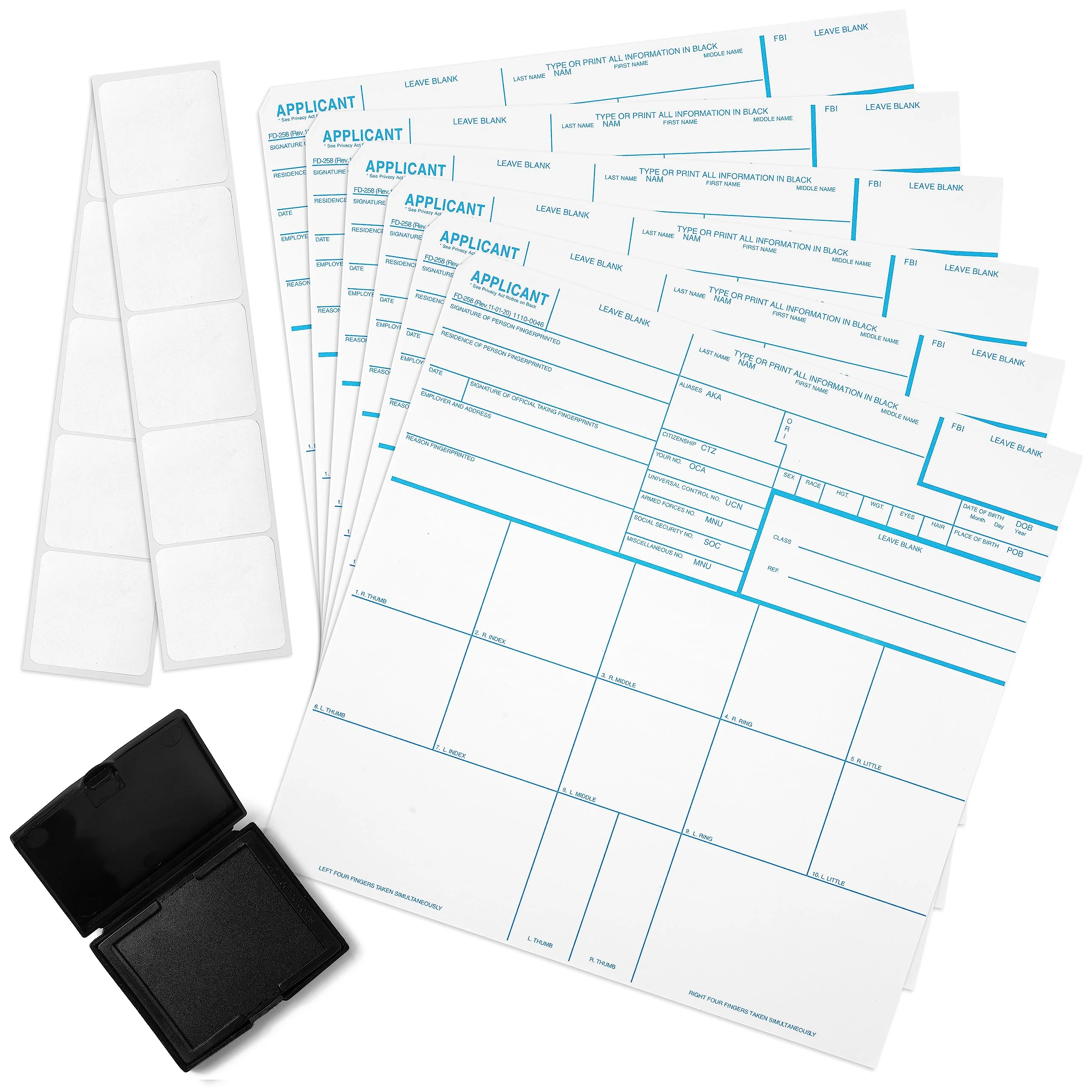 Made in USA - FD 258 Fingerprint Card 2025 Kit Full (6 Cards + 1 Practice Card) w/Reusable Ink Pad, Correction Tabs, Instructions FD258 - Image 2