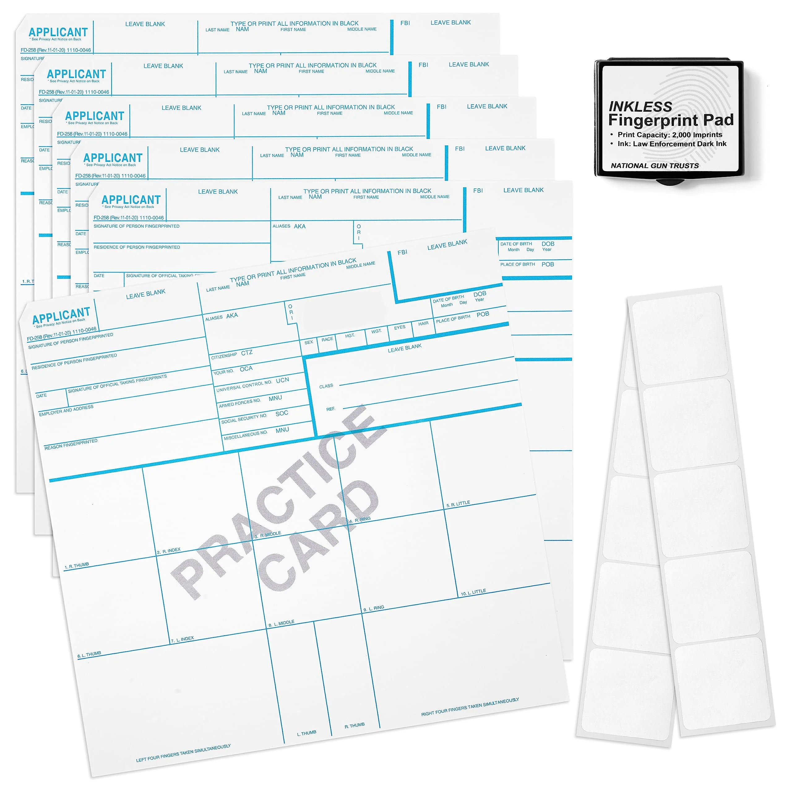 Made in USA - FD 258 Fingerprint Card 2025 Kit Full (6 Cards + 1 Practice Card) w/Reusable Ink Pad, Correction Tabs, Instructions FD258 - Image 3