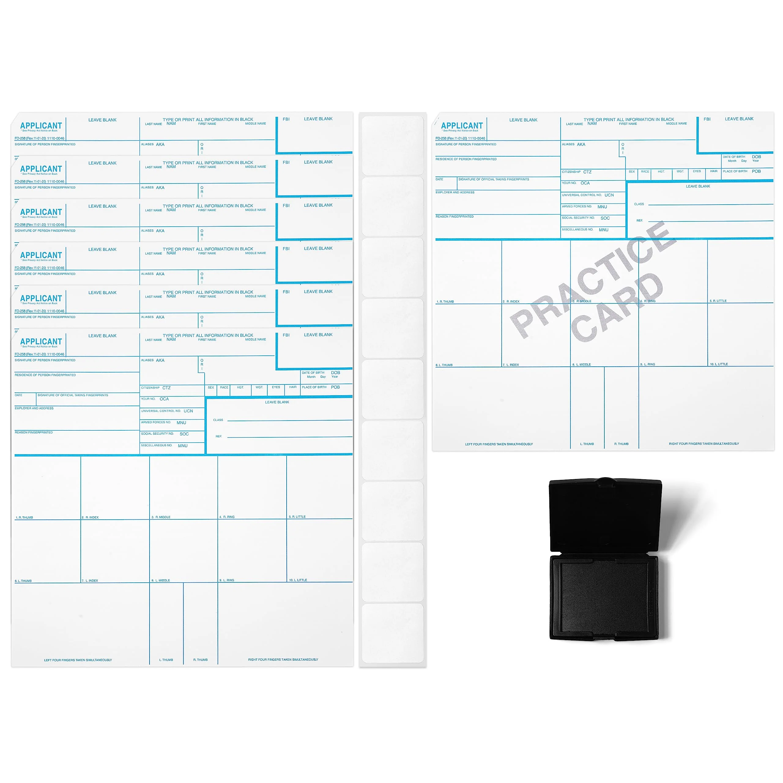 Made in USA - FD 258 Fingerprint Card 2025 Kit Full (6 Cards + 1 Practice Card) w/Reusable Ink Pad, Correction Tabs, Instructions FD258 - Image 4