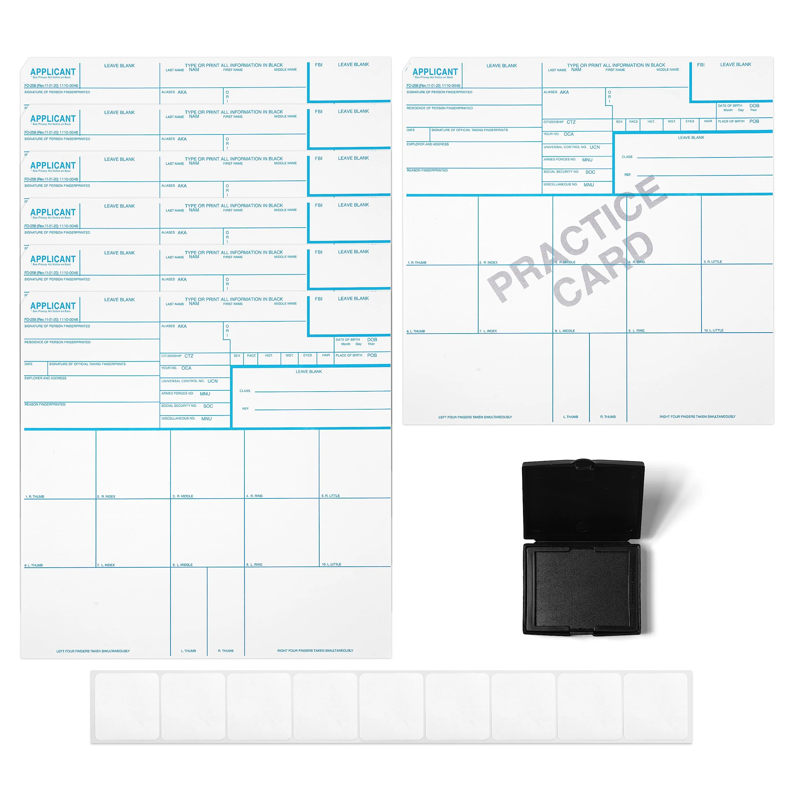 Made in USA - FD 258 Fingerprint Card 2025 Kit Full (6 Cards + 1 Practice Card) w/Reusable Ink Pad, Correction Tabs, Instructions FD258 - Image 5