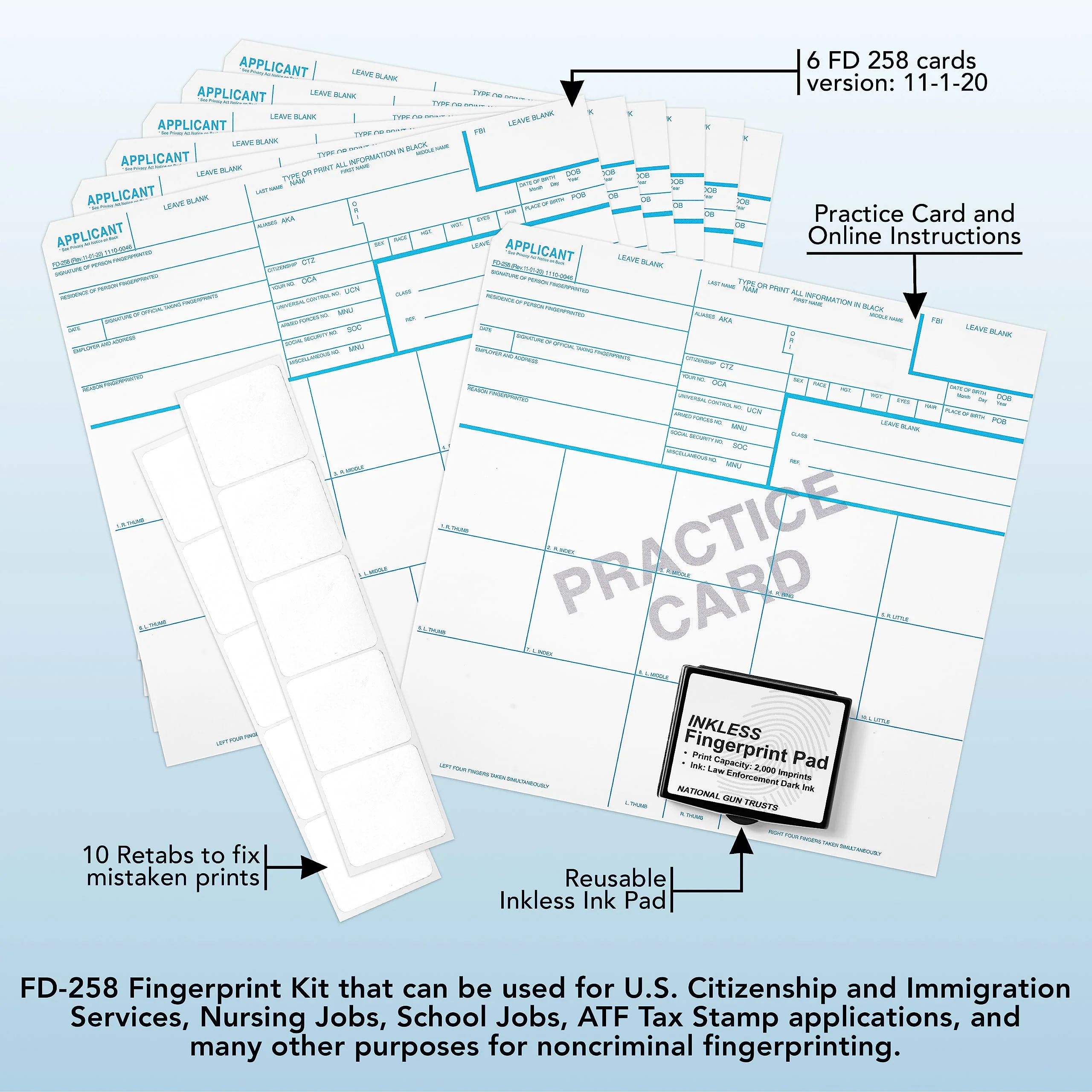 Made in USA - FD 258 Fingerprint Card 2025 Kit Full (6 Cards + 1 Practice Card) w/Reusable Ink Pad, Correction Tabs, Instructions FD258 - Image 6