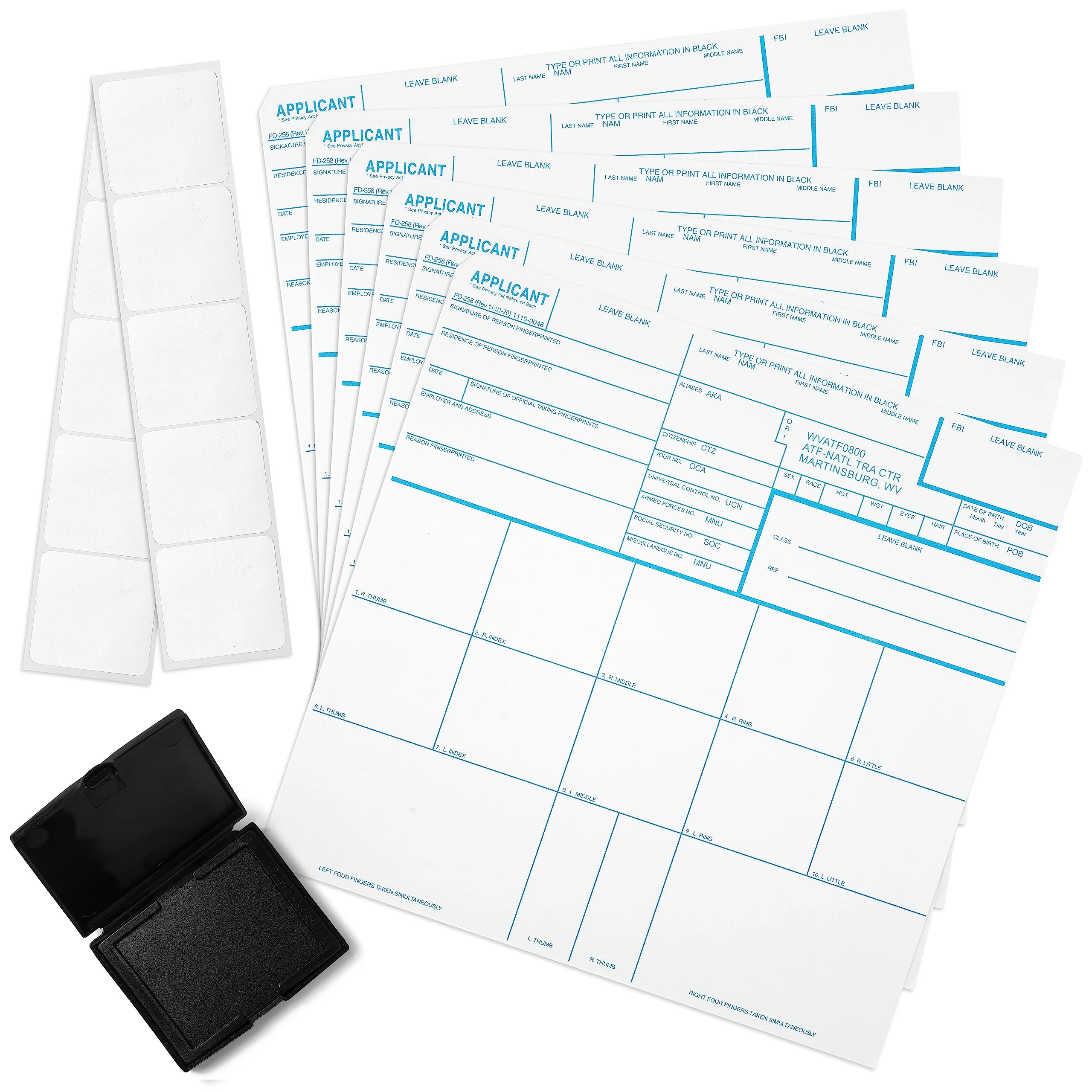 Made in USA - FD 258 Fingerprint Card 2025 Kit Full (6 Cards + 1 Practice Card) w/Reusable Ink Pad, Correction Tabs, Instructions FD258-ATF - Image 2