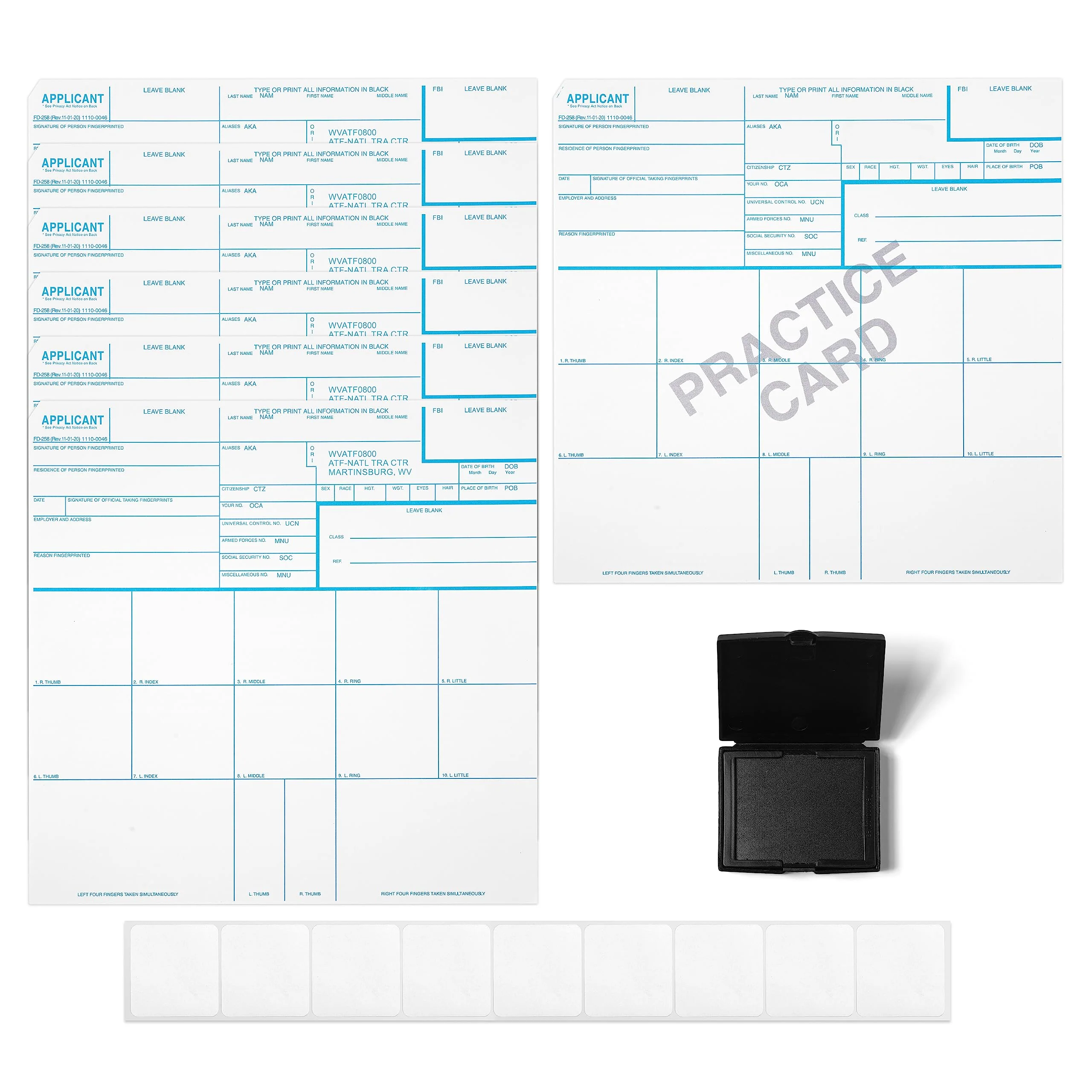 Made in USA - FD 258 Fingerprint Card 2025 Kit Full (6 Cards + 1 Practice Card) w/Reusable Ink Pad, Correction Tabs, Instructions FD258-ATF - Image 3