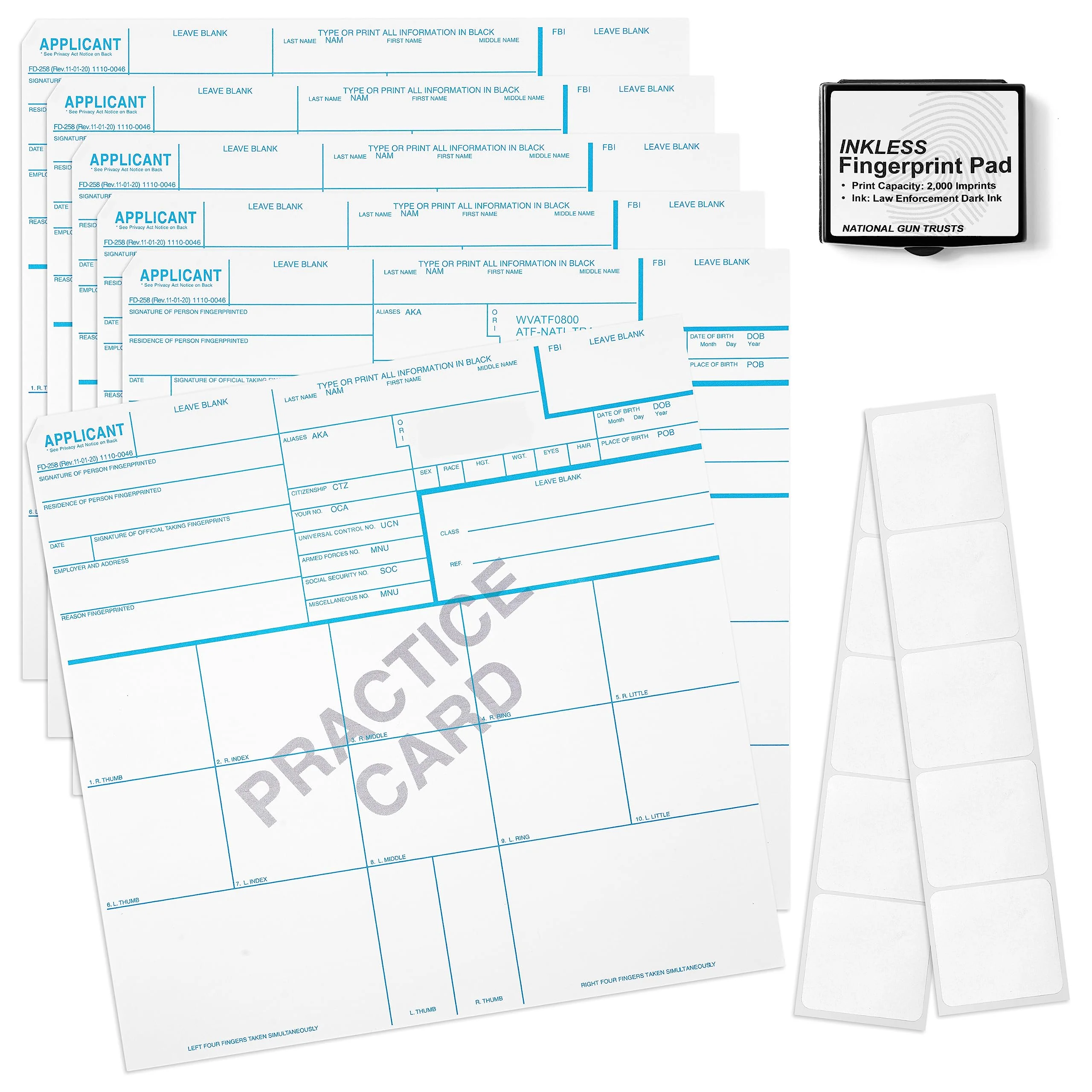 Made in USA - FD 258 Fingerprint Card 2025 Kit Full (6 Cards + 1 Practice Card) w/Reusable Ink Pad, Correction Tabs, Instructions FD258-ATF - Image 5