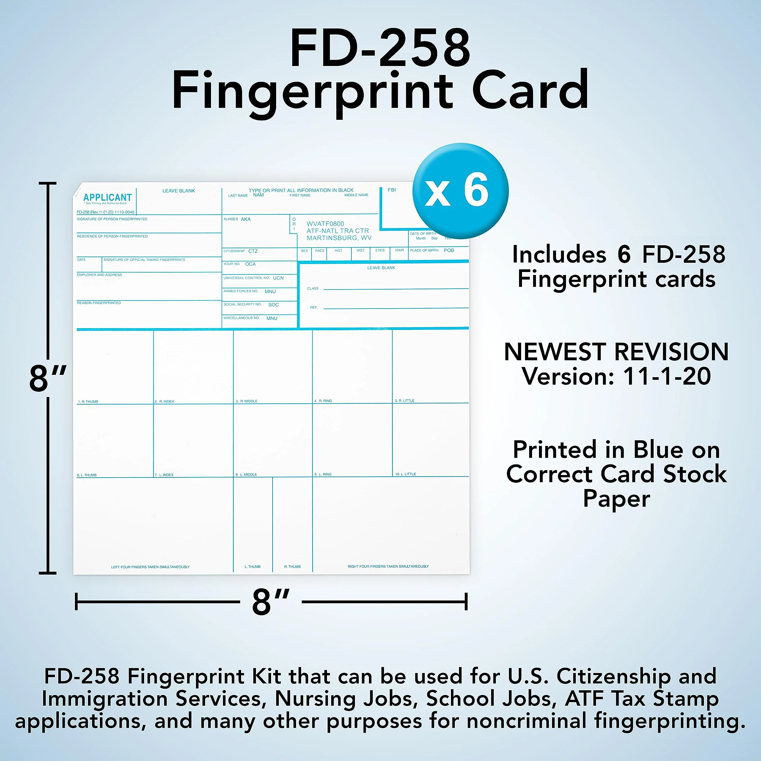 Made in USA - FD 258 Fingerprint Cards 2025, 6 pack - 11-1-20 Newest Version ATF ORI - Image 4