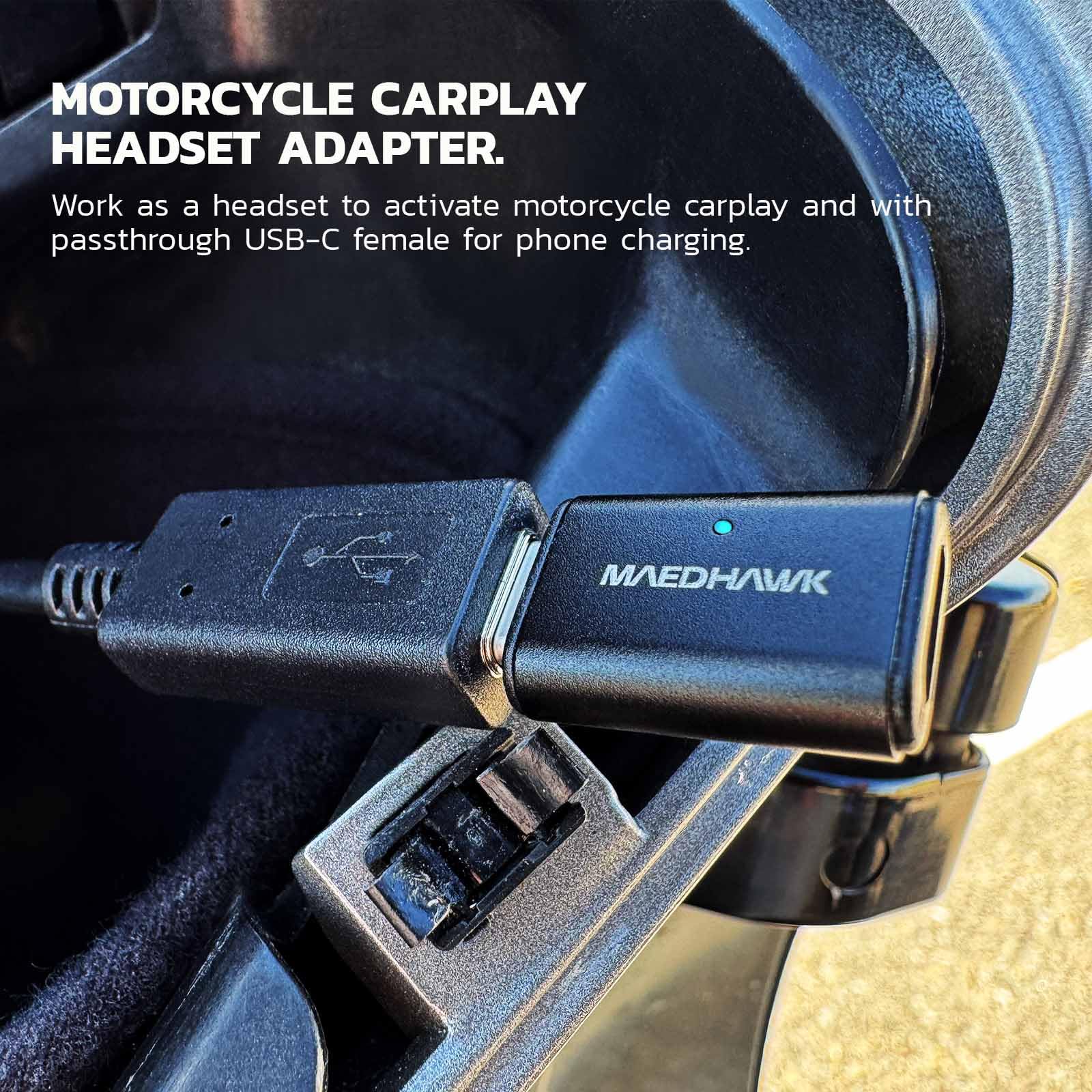 MaedHawk Bypass Motorcycle CarPlay Bluetooth Headset Adapter with Passthrough USB-C Charging Port - Image 2