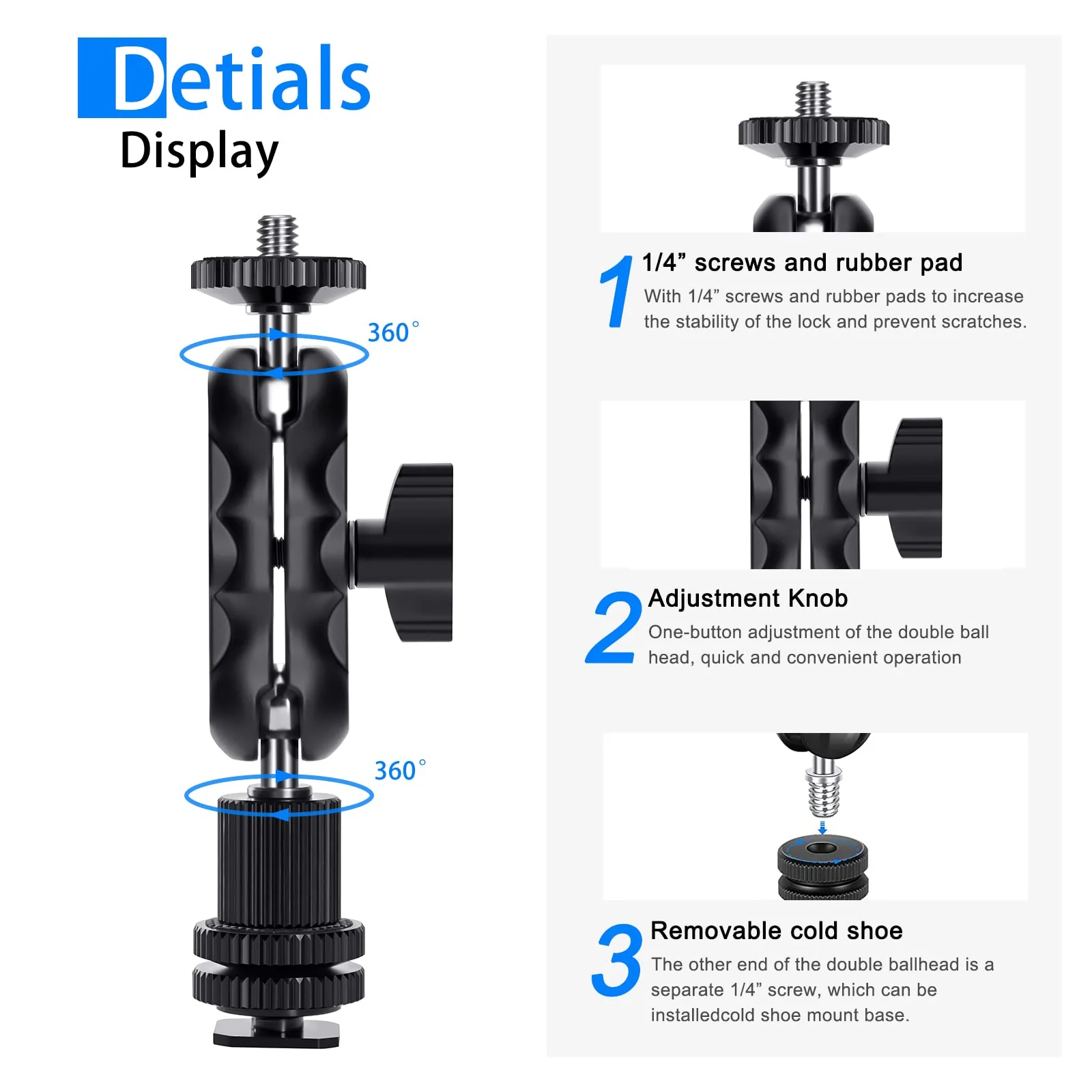 Magic Arm Cool Ballhead Double Ball Head Adapter with 1/4’’ Screw and Cold Shoe Mount - 2 Pack for Cameras, Camcorders, Monitor, Flash, LED Light, Microphone, and More - Image 2