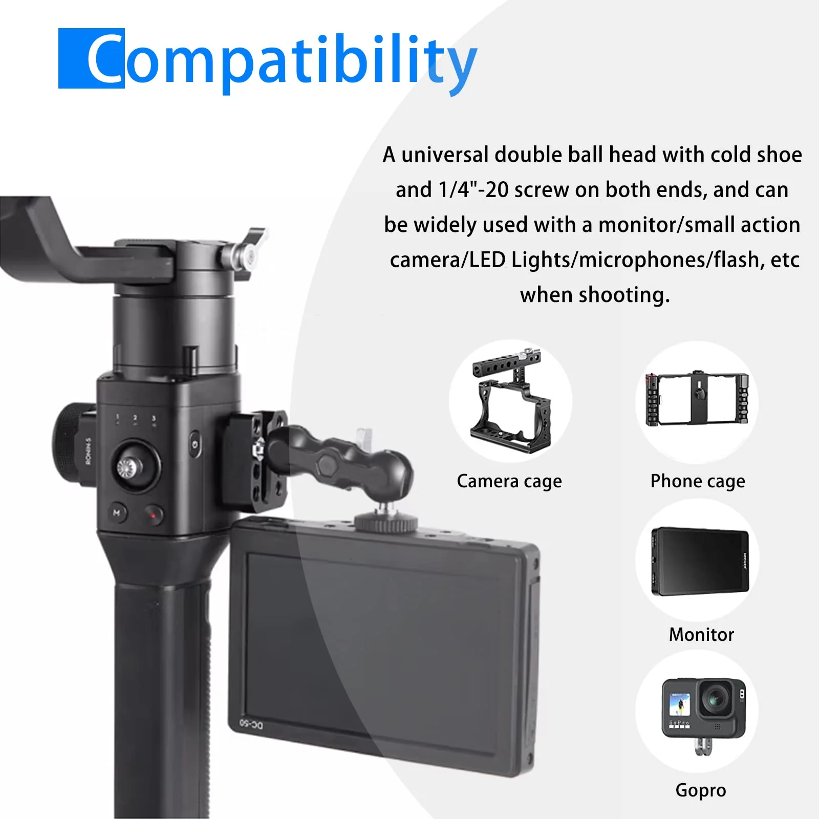 Magic Arm Cool Ballhead Double Ball Head Adapter with 1/4’’ Screw and Cold Shoe Mount - 2 Pack for Cameras, Camcorders, Monitor, Flash, LED Light, Microphone, and More - Image 5