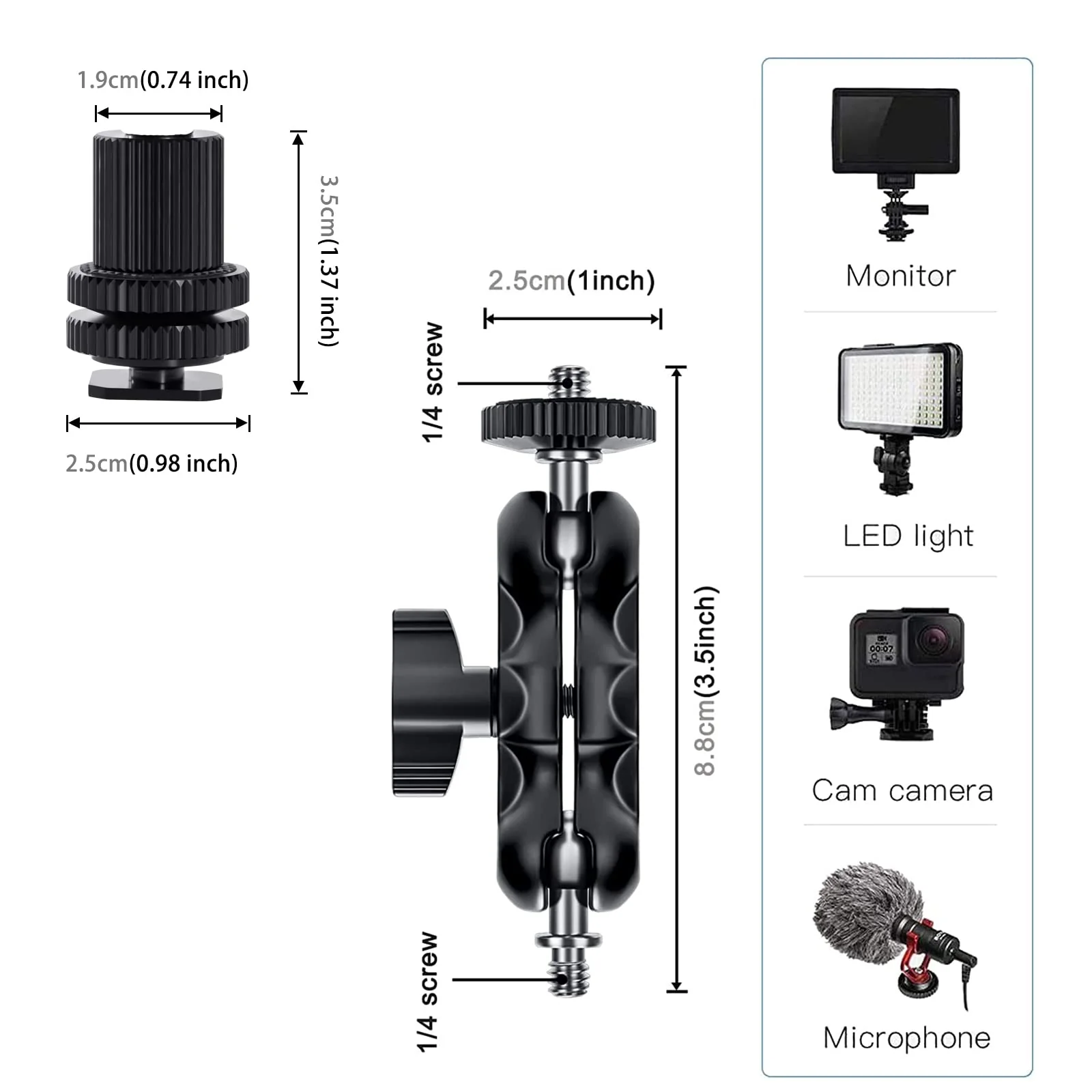 Magic Arm Cool Ballhead Double Ball Head Adapter with 1/4’’ Screw and Cold Shoe Mount - 2 Pack for Cameras, Camcorders, Monitor, Flash, LED Light, Microphone, and More - Image 7