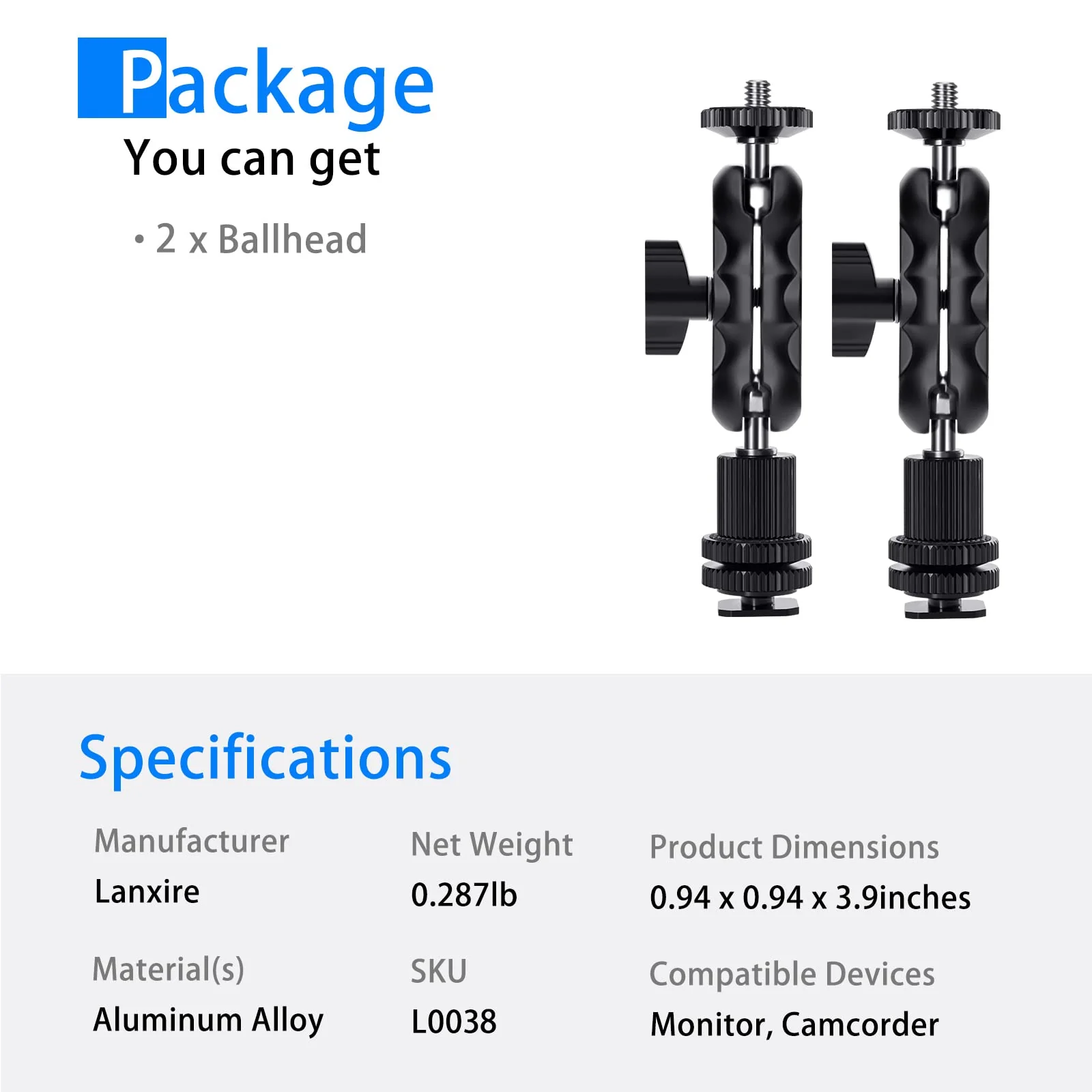Magic Arm Cool Ballhead Double Ball Head Adapter with 1/4’’ Screw and Cold Shoe Mount - 2 Pack for Cameras, Camcorders, Monitor, Flash, LED Light, Microphone, and More - Image 8