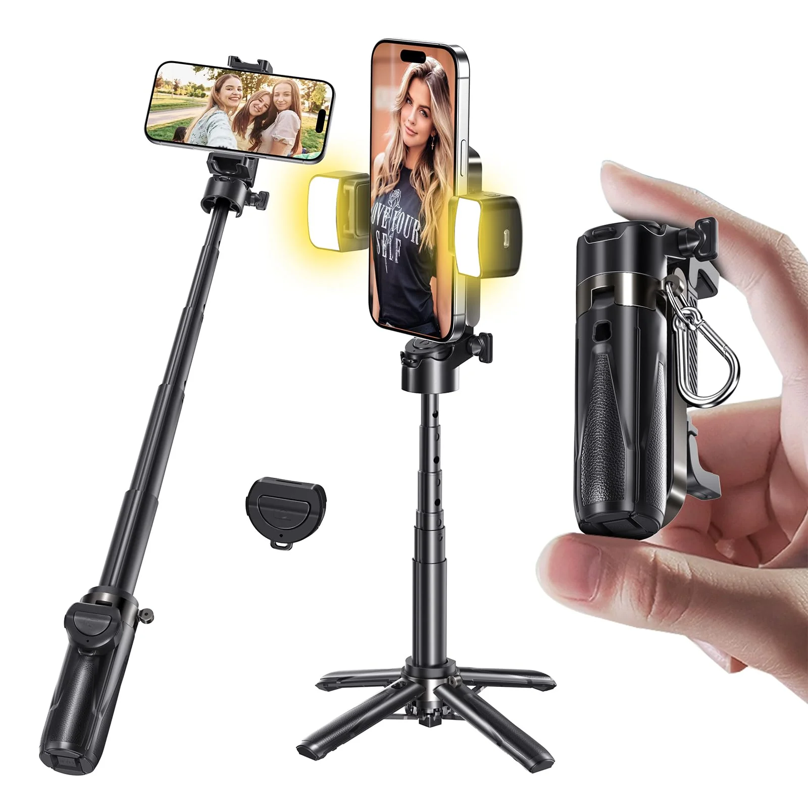 MAGIC JOHN Selfie Stick Tripod, Pocket Size Portable Phone Tripod, Retractable Tripod for iPhone with Wireless Detachable Remote Control & 2 Fill Light for Photograph, Live Streaming, Video Recording