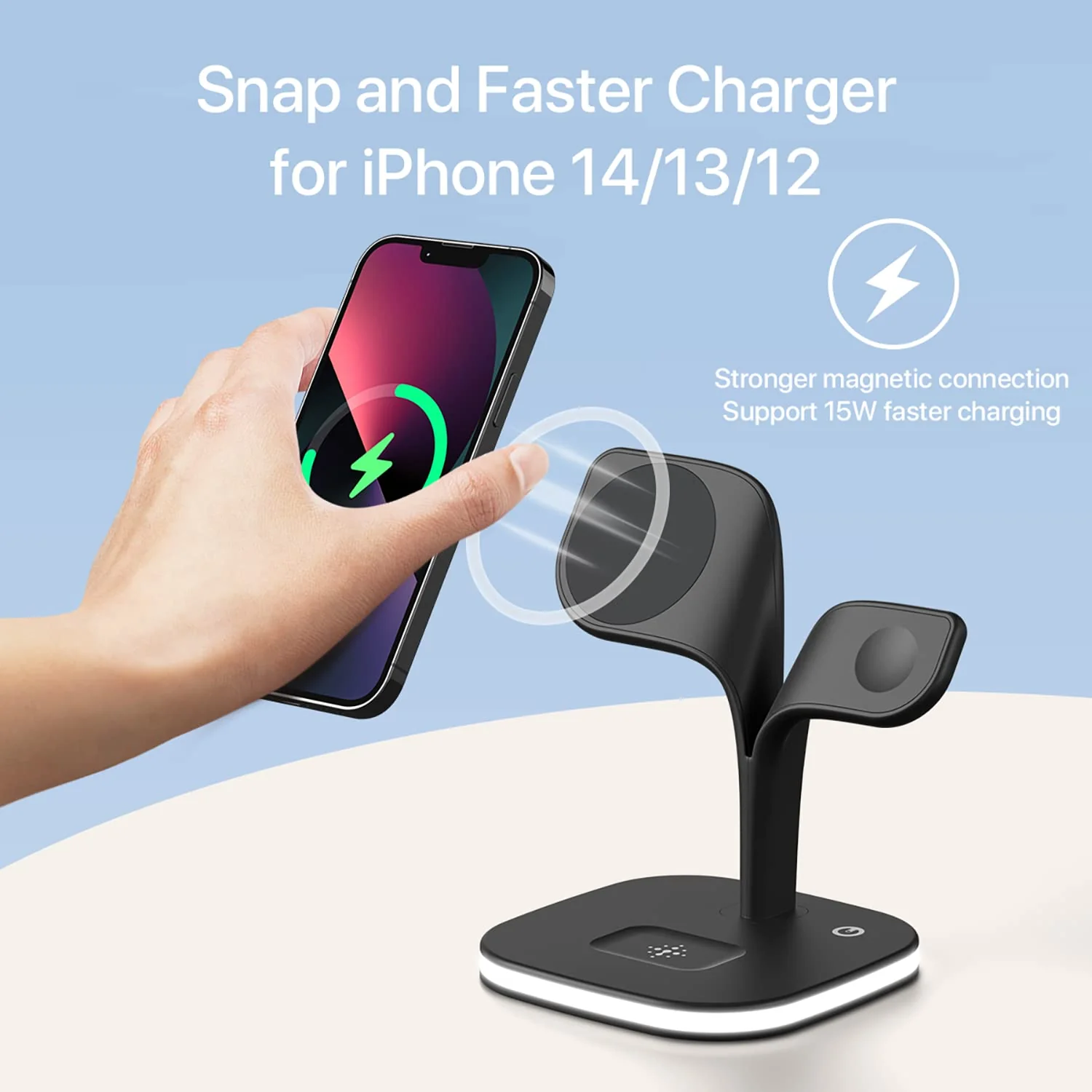 Magnetic Charging Station, EXW 5 in 1 Faster Mag-Safe Wireless Charger Stand for iPhone 14,13,12 Pro/Max/Mini/Plus, Apple Watch 8/7/6/SE/5/4/3/2 and Airpods 3/2/Pro/Pro 2 with LED and Adapter (Black) Black - Image 2