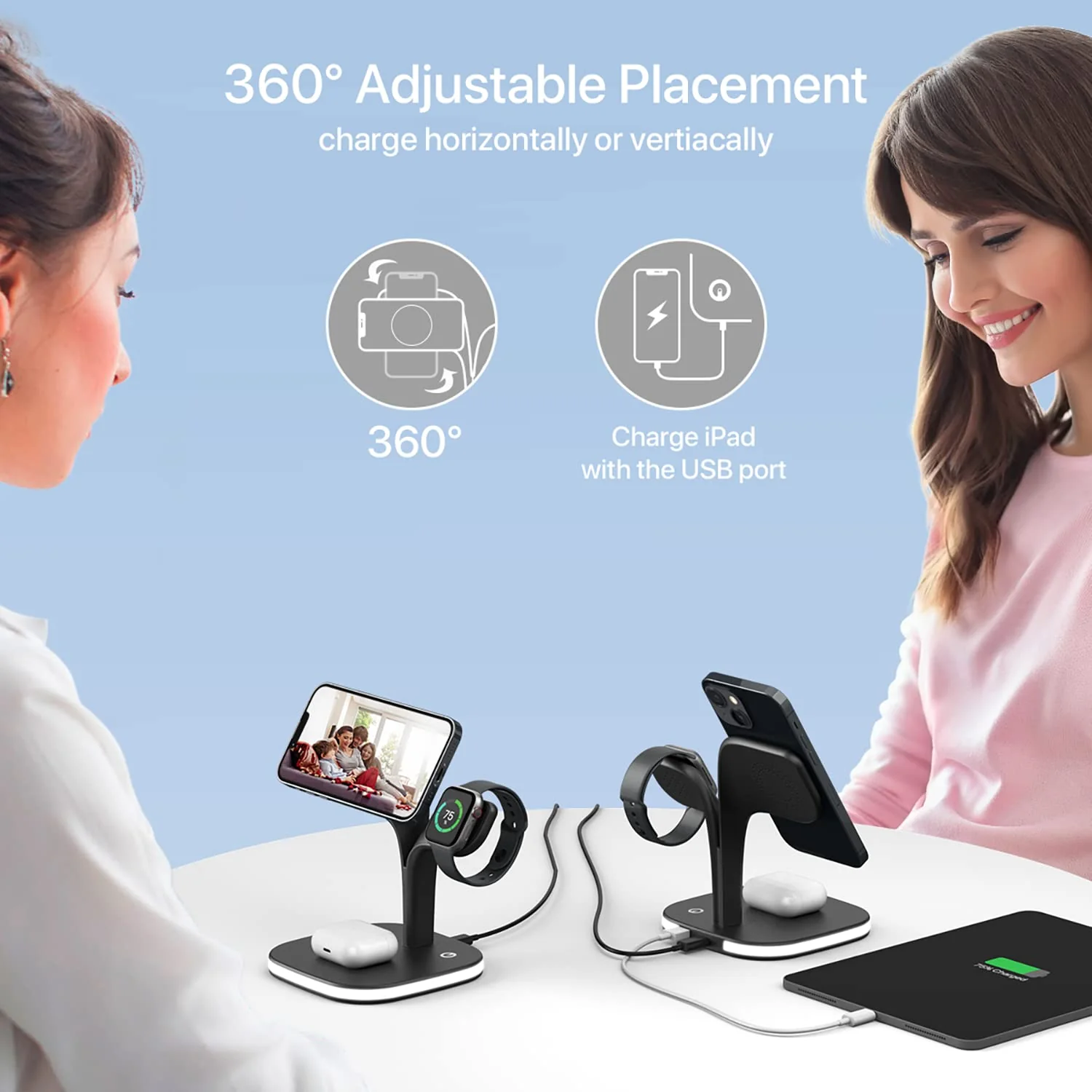 Magnetic Charging Station, EXW 5 in 1 Faster Mag-Safe Wireless Charger Stand for iPhone 14,13,12 Pro/Max/Mini/Plus, Apple Watch 8/7/6/SE/5/4/3/2 and Airpods 3/2/Pro/Pro 2 with LED and Adapter (Black) Black - Image 4