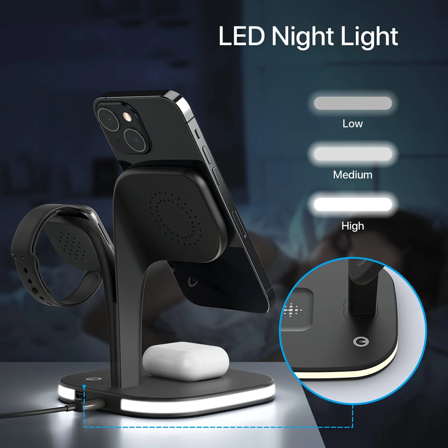 Magnetic Charging Station, EXW 5 in 1 Faster Mag-Safe Wireless Charger Stand for iPhone 14,13,12 Pro/Max/Mini/Plus, Apple Watch 8/7/6/SE/5/4/3/2 and Airpods 3/2/Pro/Pro 2 with LED and Adapter (Black) Black - Image 6