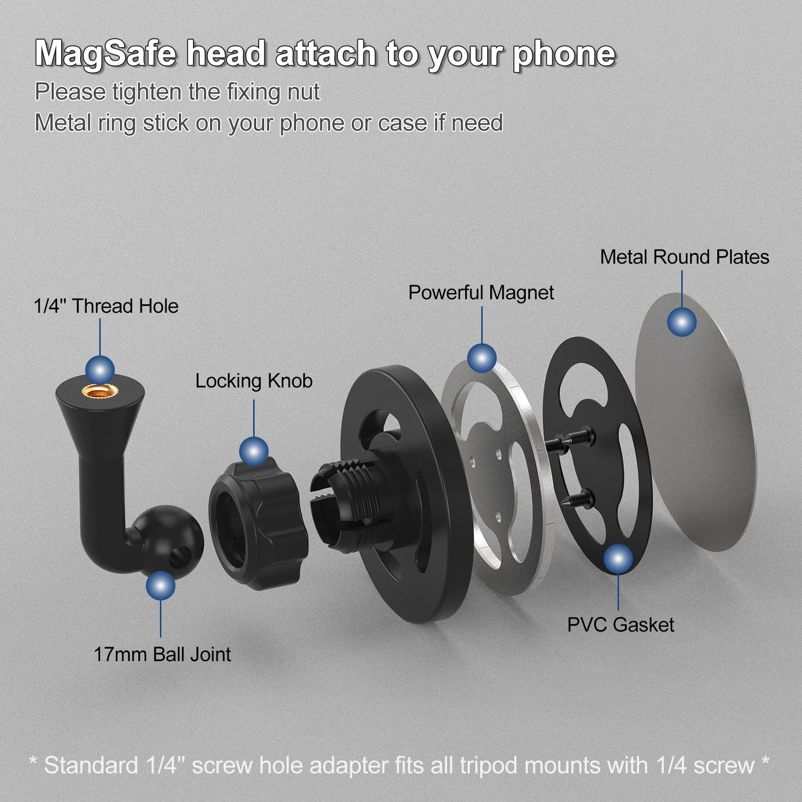 Magnetic Phone Tripod Mount Adapter with 1/4"-20 Screw Hole, Compatible with Magsafe for iPhone 17/16/15/14/13 Plus Pro Max Mini Series, Adjustable Phone Holder for Tripod, Ring Light, Selfie Sticks - Image 3