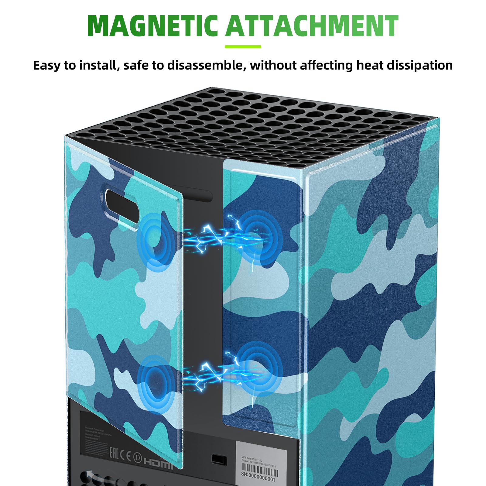 Magnetic Smart Wraps for Xbox Series X Console, Full Protection Protective Cover Case for Xbox Series X Accessories with Premium PU Leather and Soft Inner Lining - Blue Camo - Image 4
