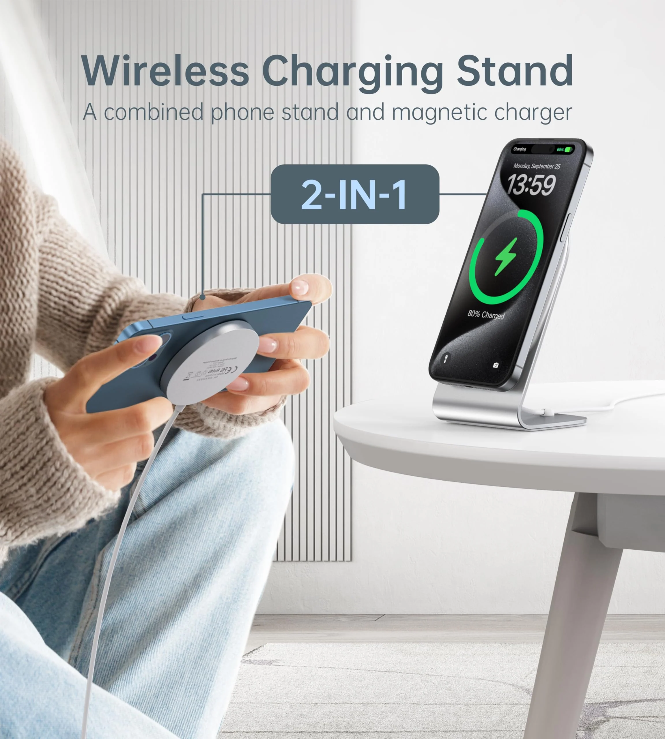 Magnetic Wireless Charger for iPhone 16/15/14/13/12 - Mag Charger+20W USB C Adapter, Fast Wireless Charging Stand/Pad with 5ft USB-C Cable for iPhone 16/15/14/13/12 Pro Max Plus Mini,Mag-Safe Charger Silver - Image 2