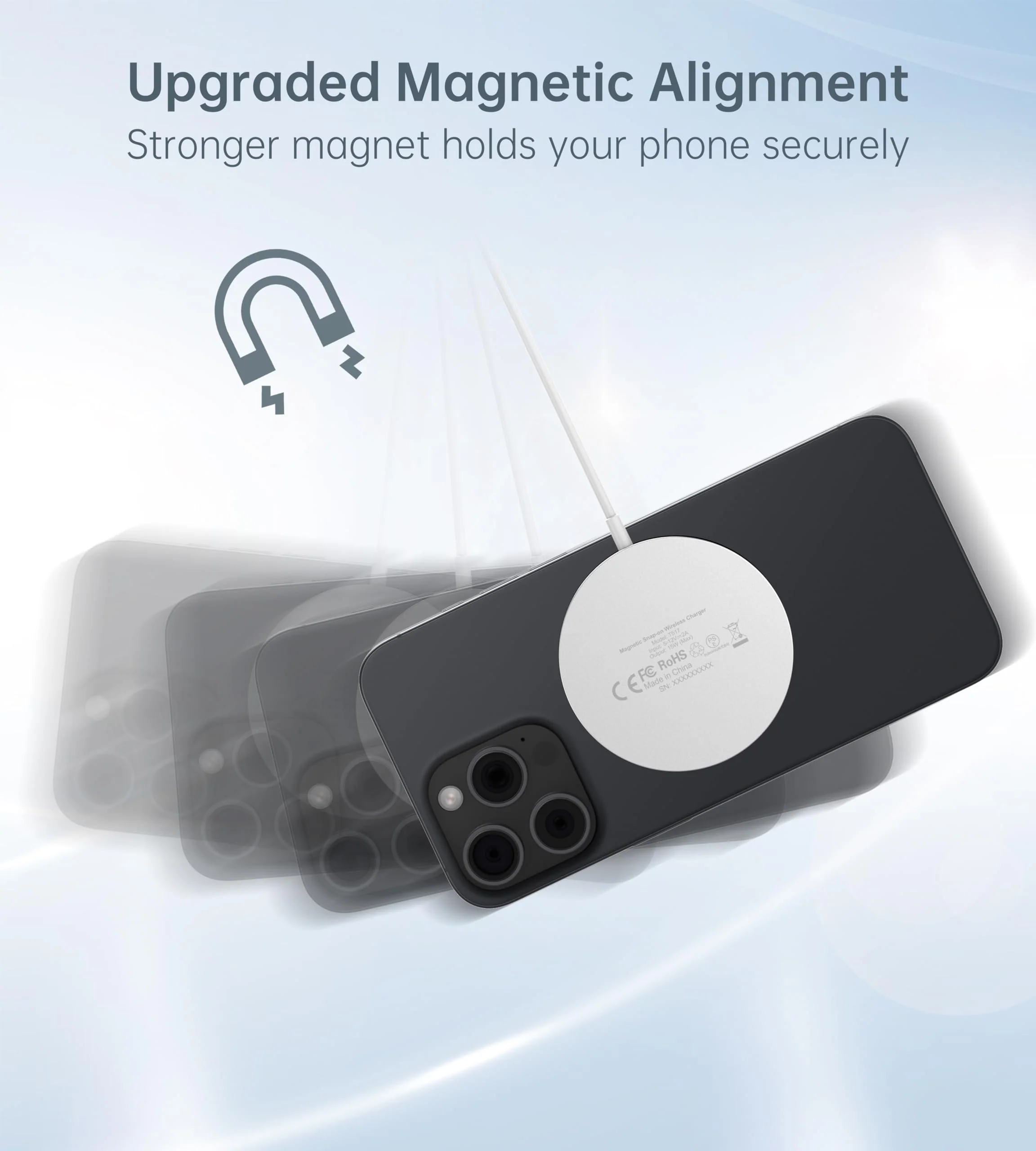 Magnetic Wireless Charger for iPhone 16/15/14/13/12 - Mag Charger+20W USB C Adapter, Fast Wireless Charging Stand/Pad with 5ft USB-C Cable for iPhone 16/15/14/13/12 Pro Max Plus Mini,Mag-Safe Charger Silver - Image 3