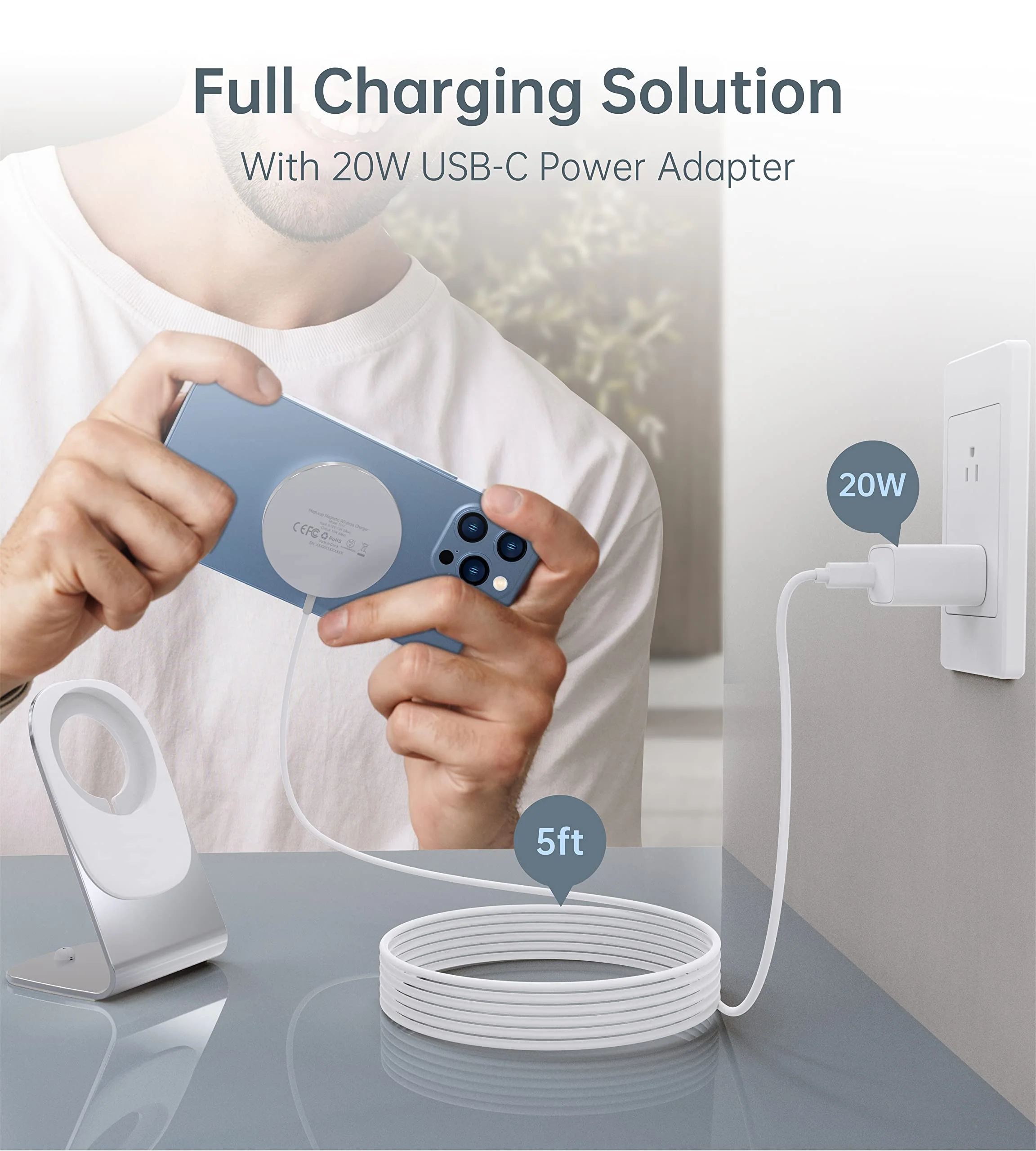 Magnetic Wireless Charger for iPhone 16/15/14/13/12 - Mag Charger+20W USB C Adapter, Fast Wireless Charging Stand/Pad with 5ft USB-C Cable for iPhone 16/15/14/13/12 Pro Max Plus Mini,Mag-Safe Charger Silver - Image 5