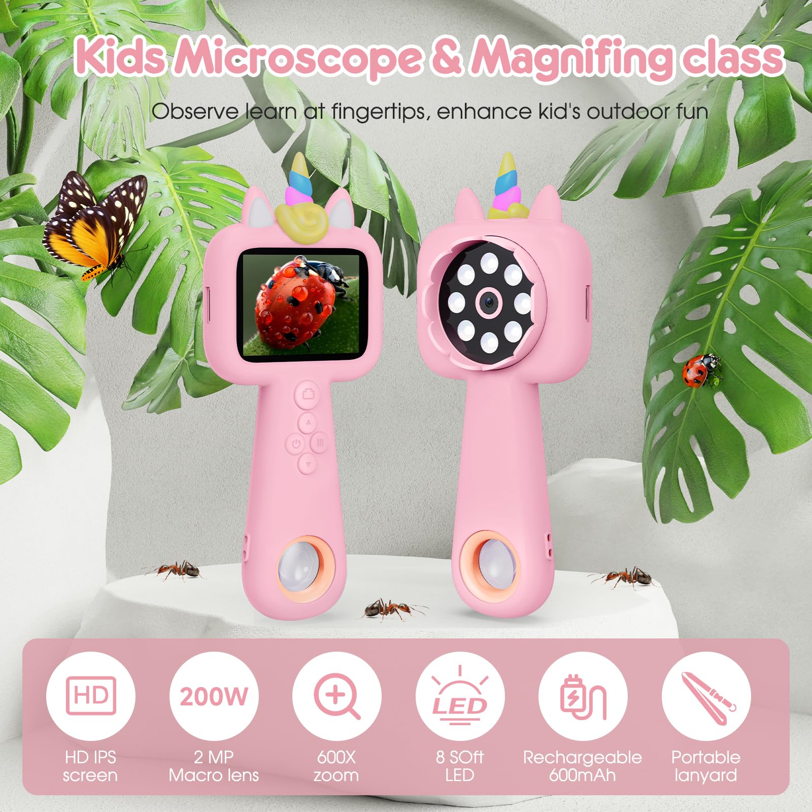 Magnifying, 2.4" Microscope for Kids, 600X-4800X Handheld Digital Miniscope, Portable Pocket Magnification Microscope Photo & Video | Education Toys for Age 3 4 5 6 7 8 9 10 Girls Boys Pink - Image 2