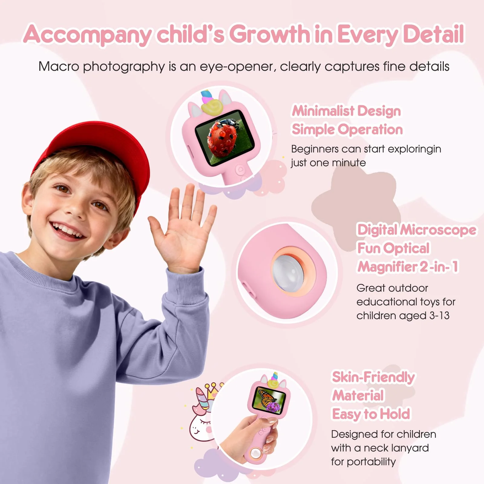 Magnifying, 2.4" Microscope for Kids, 600X-4800X Handheld Digital Miniscope, Portable Pocket Magnification Microscope Photo & Video | Education Toys for Age 3 4 5 6 7 8 9 10 Girls Boys Pink - Image 6