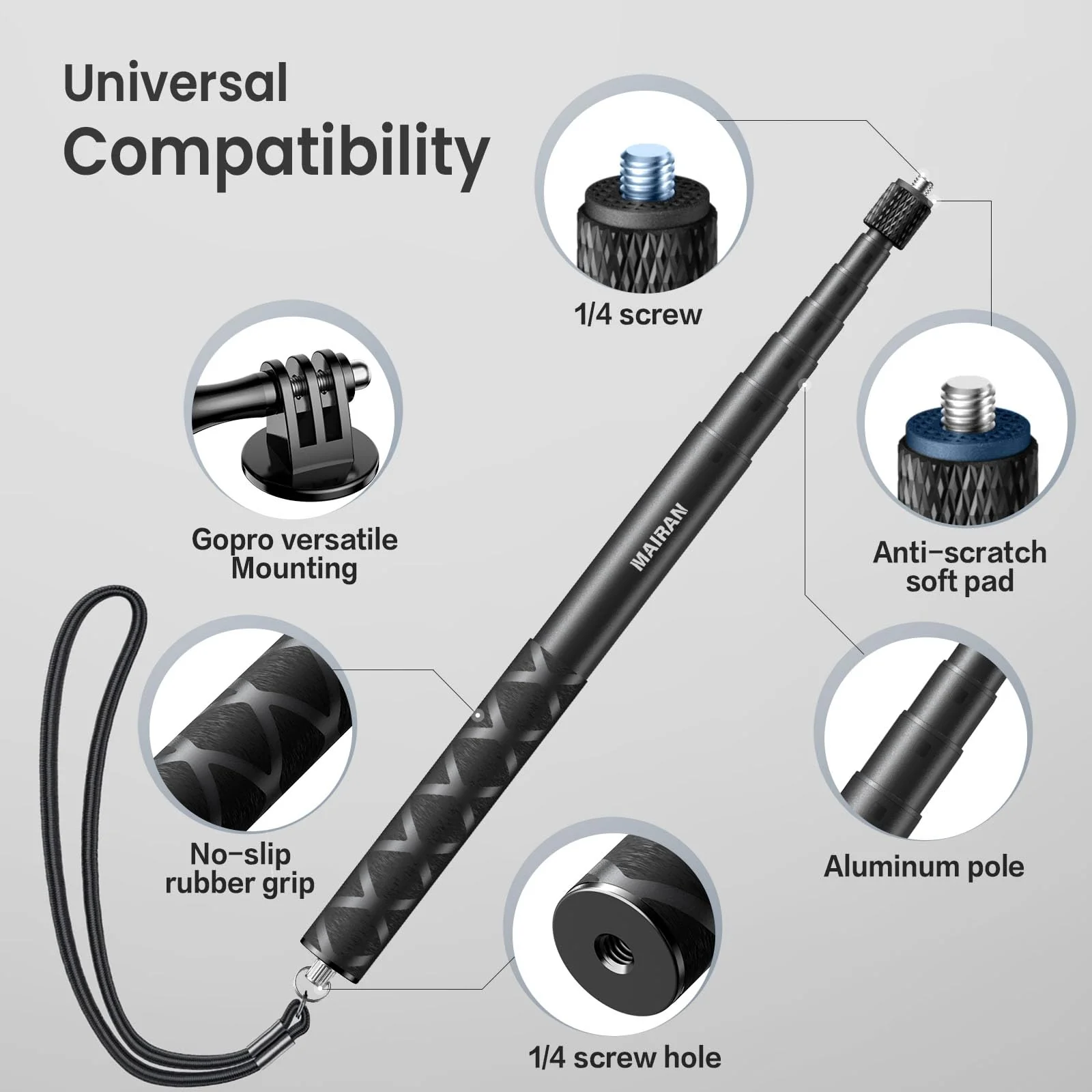 Mairan 114cm Invisible Selfie Stick, 1/4" Extension Invisible Stick Compatible with Insta360, GoPro, DJI, Action Cameras,Portable Extendable Monopod Pole with Buckle Mount and Wrist Strap - Image 2