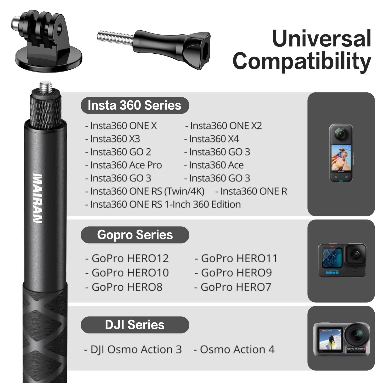 Mairan 114cm Invisible Selfie Stick, 1/4" Extension Invisible Stick Compatible with Insta360, GoPro, DJI, Action Cameras,Portable Extendable Monopod Pole with Buckle Mount and Wrist Strap - Image 4