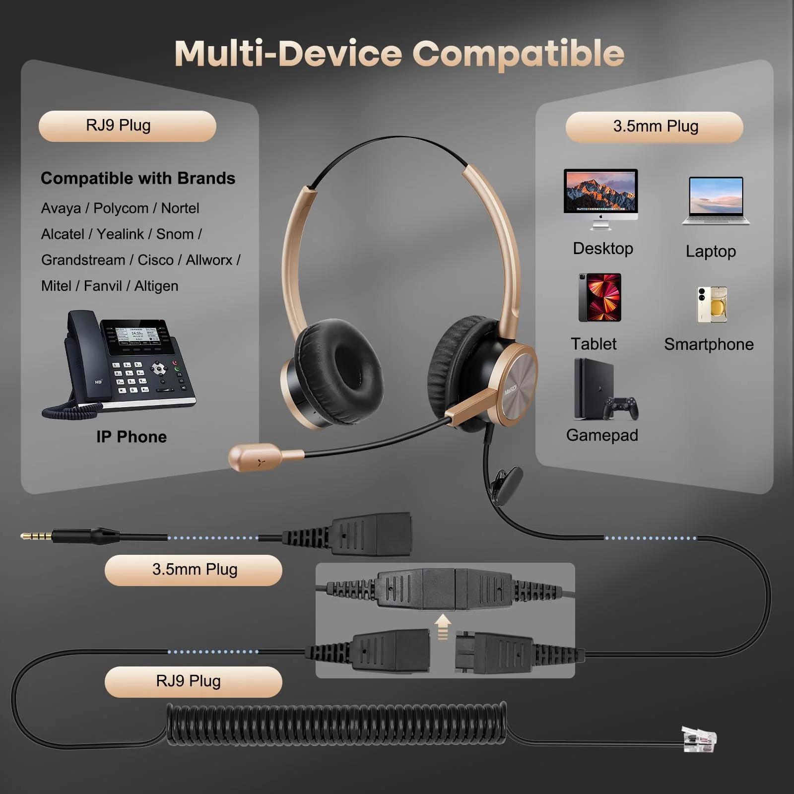 MAIRDI Phone Headset with RJ9 & 3.5mm Jacks for Call Center Deskphone Cell Phone PC Laptop, Office Landline Telephone Headset with Microphone Noise Canceling for Polycom Avaya Nortel Duo - Image 4