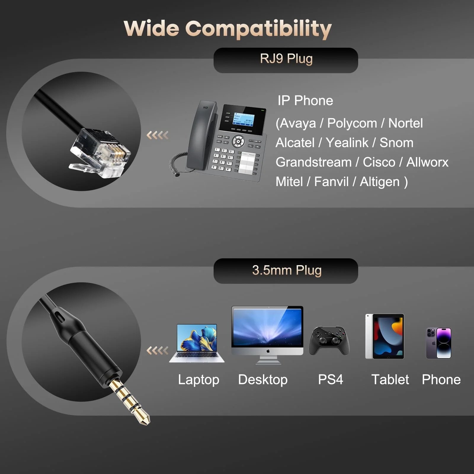 MAIRDI Phone Headset with RJ9 & 3.5mm Jacks for Call Center Deskphone Cell Phone PC Laptop, Office Landline Telephone Headset with Microphone Noise Canceling for Polycom Avaya Nortel Duo - Image 7