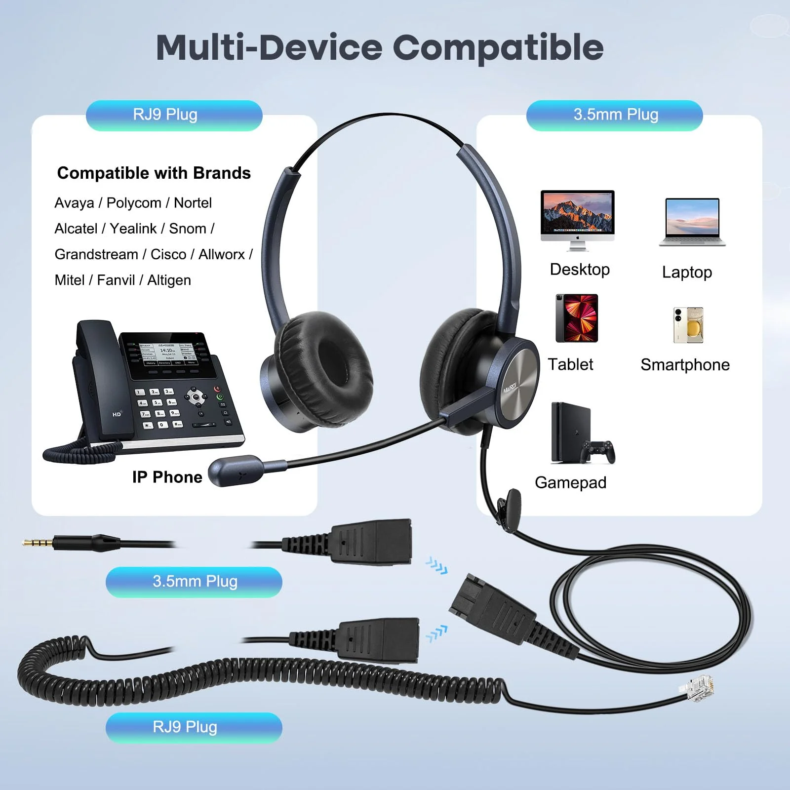 MAIRDI Telephone Headset with Microphone Noise Canceling, Binaural with RJ9 Jack & 3.5mm Connector for Office Call Center Deskphone Cell Phone PC Laptop, Work for Cisco 7941 7965 6941 7861 8811 8961 Black - Image 4