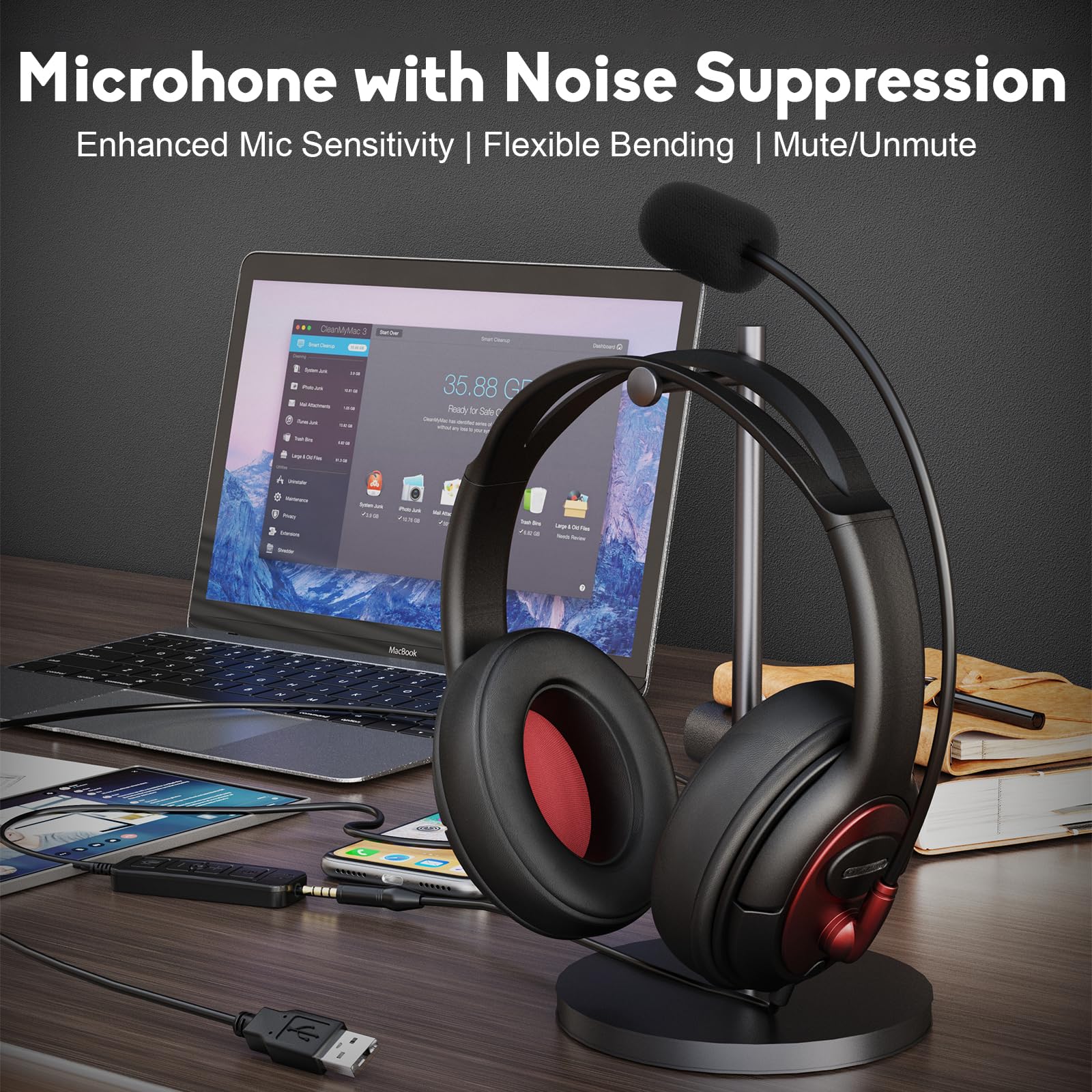 MAIRDI USB Headset with Microphone, Type-C/USB/3.5mm Jack 3-in-1 PC Headset, Computer Headset with Mic Noise Canceling for Teams Call Centers Skype Zoom Home Office Dragon Nuance Dictation - Image 2